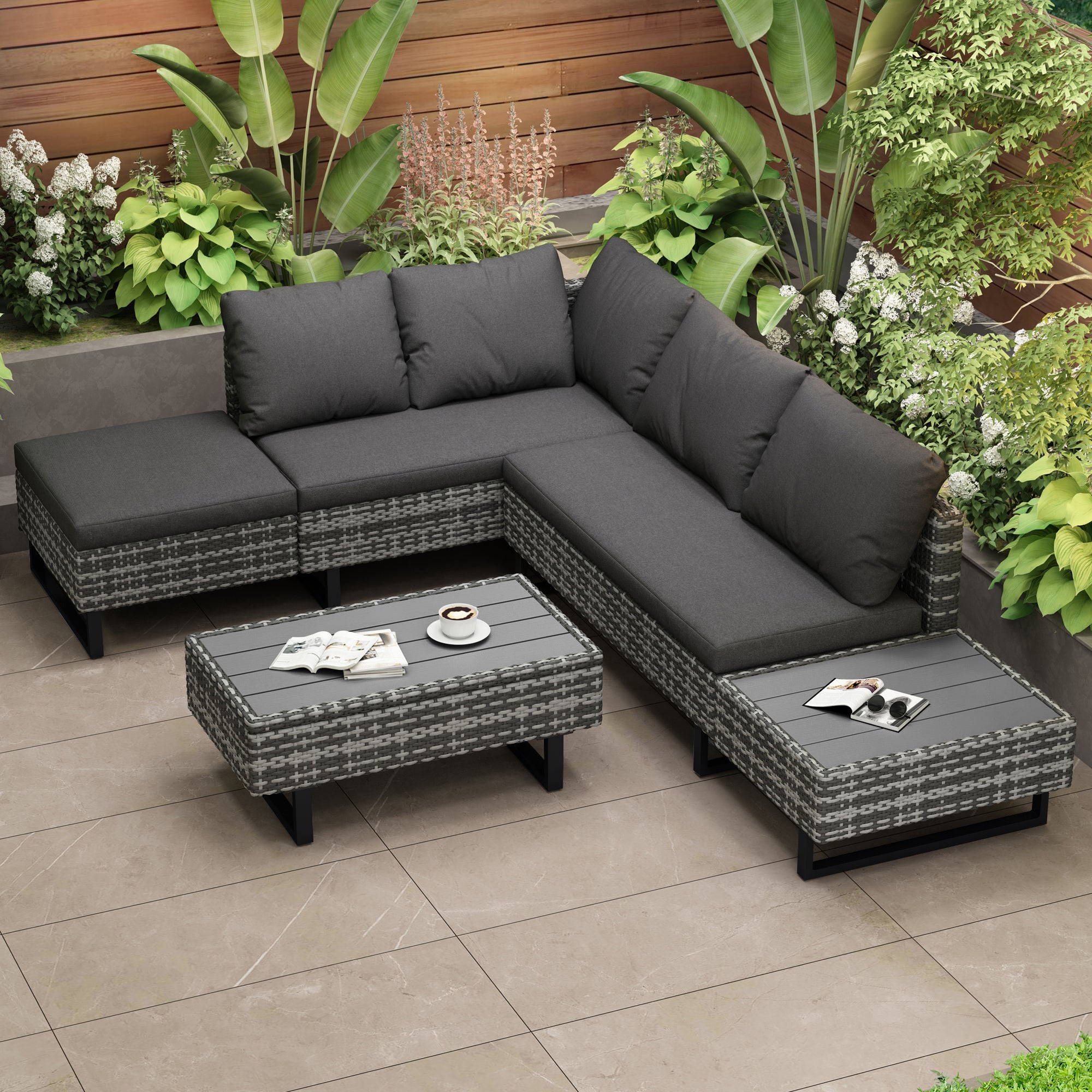Salon de Jardin Exterieur en Rotin, Table de Jardin Exterieur avec Chaise, Canapé de Salon d'angle 4 Places avec Table et Coussins, Gris - 3