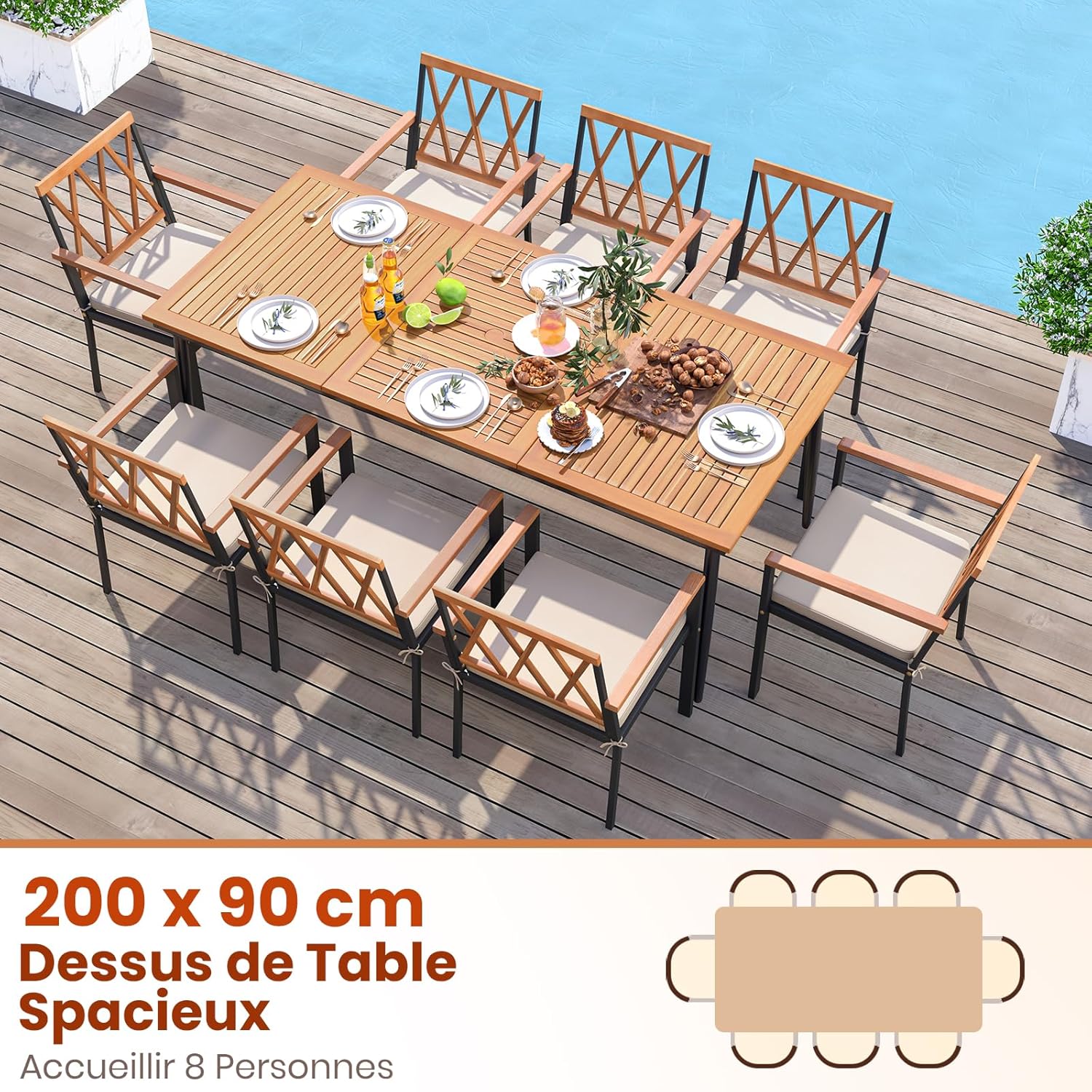 Table de Salle à Manger Jardin 8 Personnes en Bois d'Acacia-FSC, Table de Jardin Exterieur avec Trou Parasol de 5 CM, Plateau à Lattes, 200 x 90 cm - 7