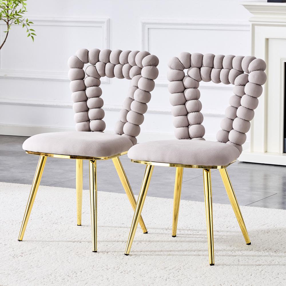 Chaises en Velours Gris Clair (Lot de 2) – Dossier Géométrique Découpé, Pieds Métalliques Dorés, Stables et Élégantes - 2