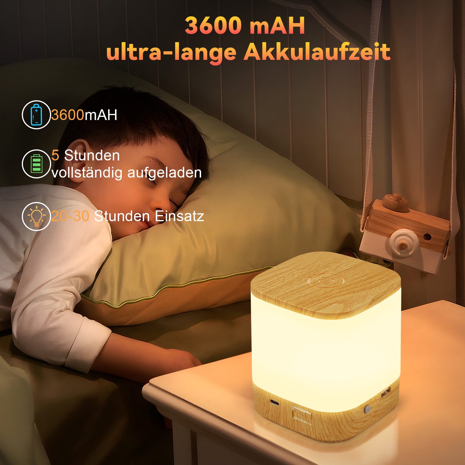 Lot de 2 lampes de table LED NETTLIFE avec 3 températures de couleur, lampe de chevet, batterie 3600 mAH, chargement USB - 3