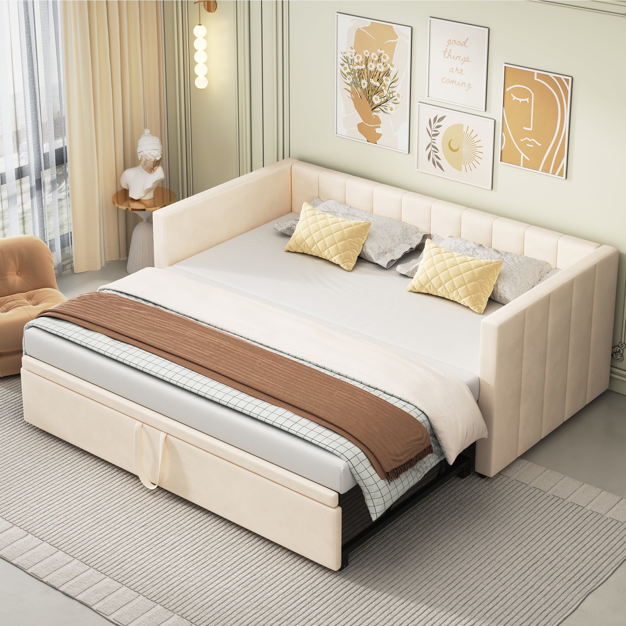 Łóżko dziecięce wysuwane 90 x 200 cm - welurowe - stelaż w komplecie - kolor beżowy