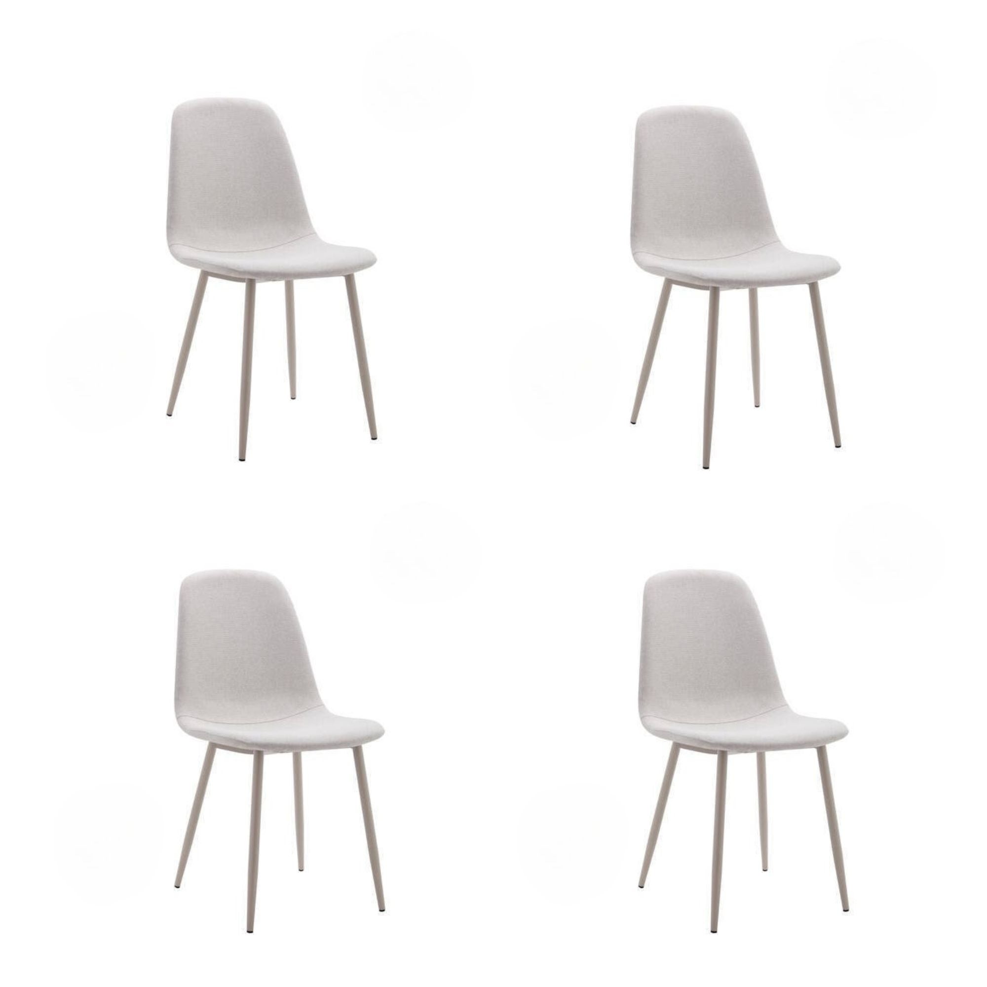 Pakiet 4 krzeseł z jasnobeżową tkaniną tapicerowaną, metalowe nogi z kremowym wykończeniem, wymiary 44x53x86 cm