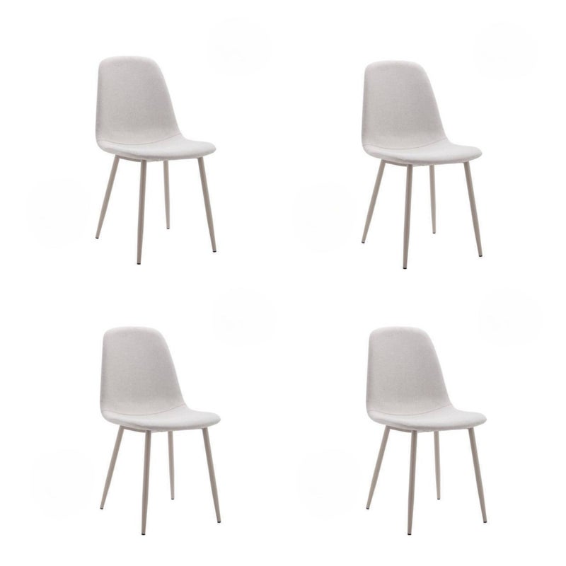 Pakiet 4 krzeseł z jasnobeżową tkaniną tapicerowaną, metalowe nogi z kremowym wykończeniem, wymiary 44x53x86 cm