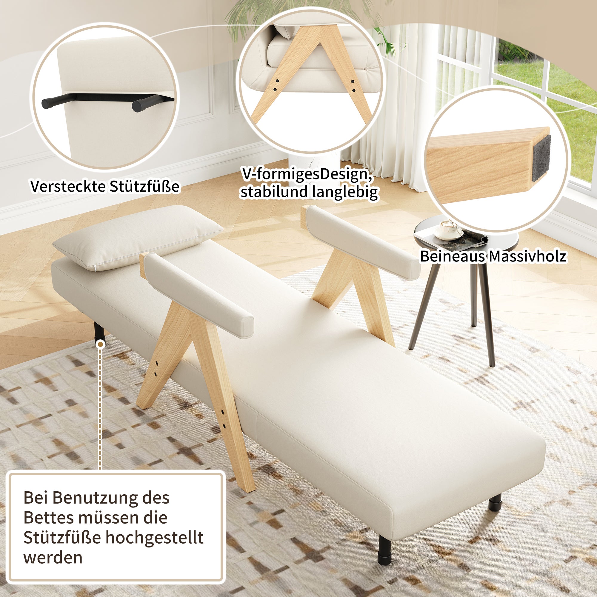 Fauteuil convertible 1 place, Chauffeuse 4-en-1 Dossier Réglable 6 Position, Canapé-Lit - 64 x 60 x 87 cm - Tissu en lin - Beige - 7