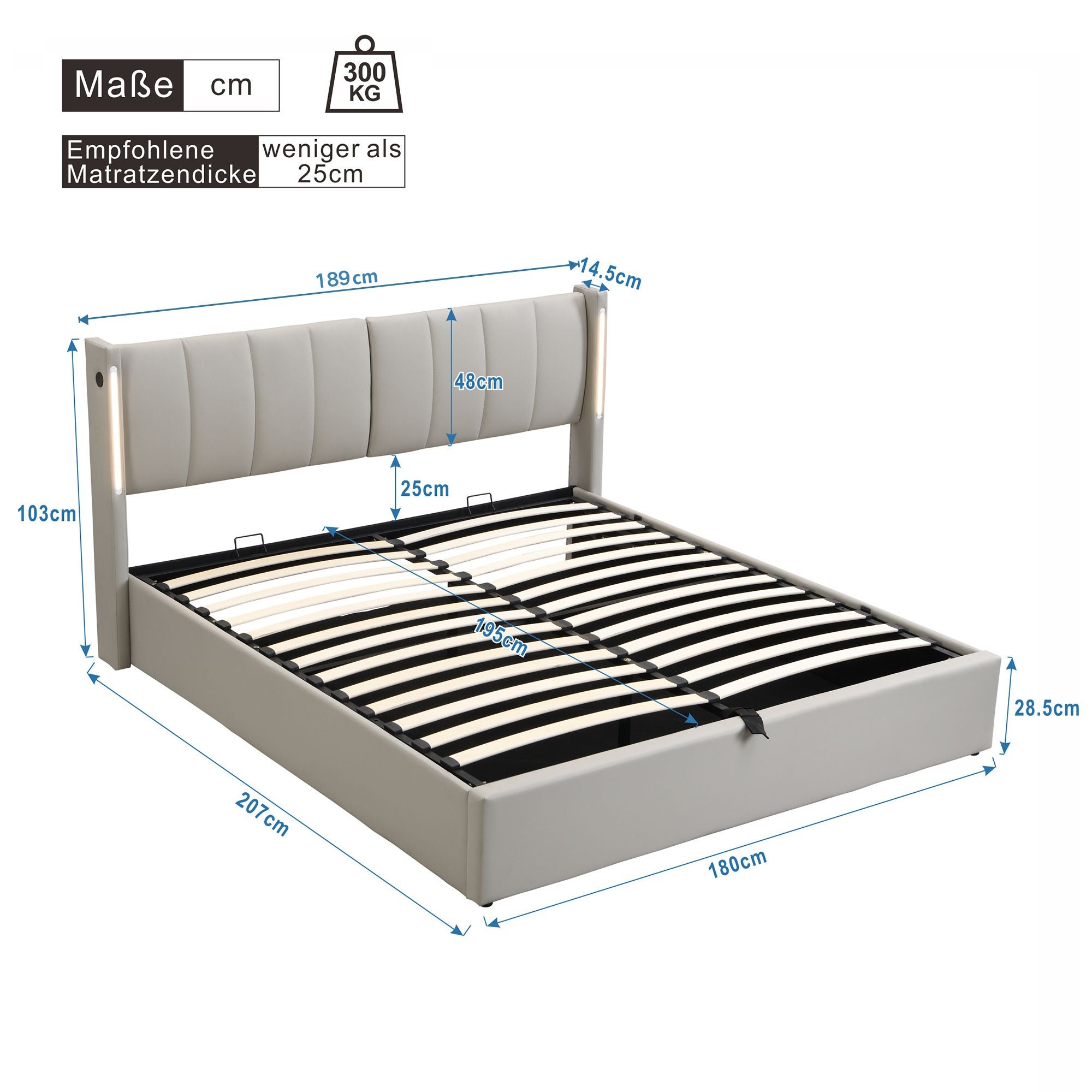 Lit coffre adulte 180x200 cm avec prises USB, LED, tête de lit réglable, rangements, en PU, gris, sans matelas - 4