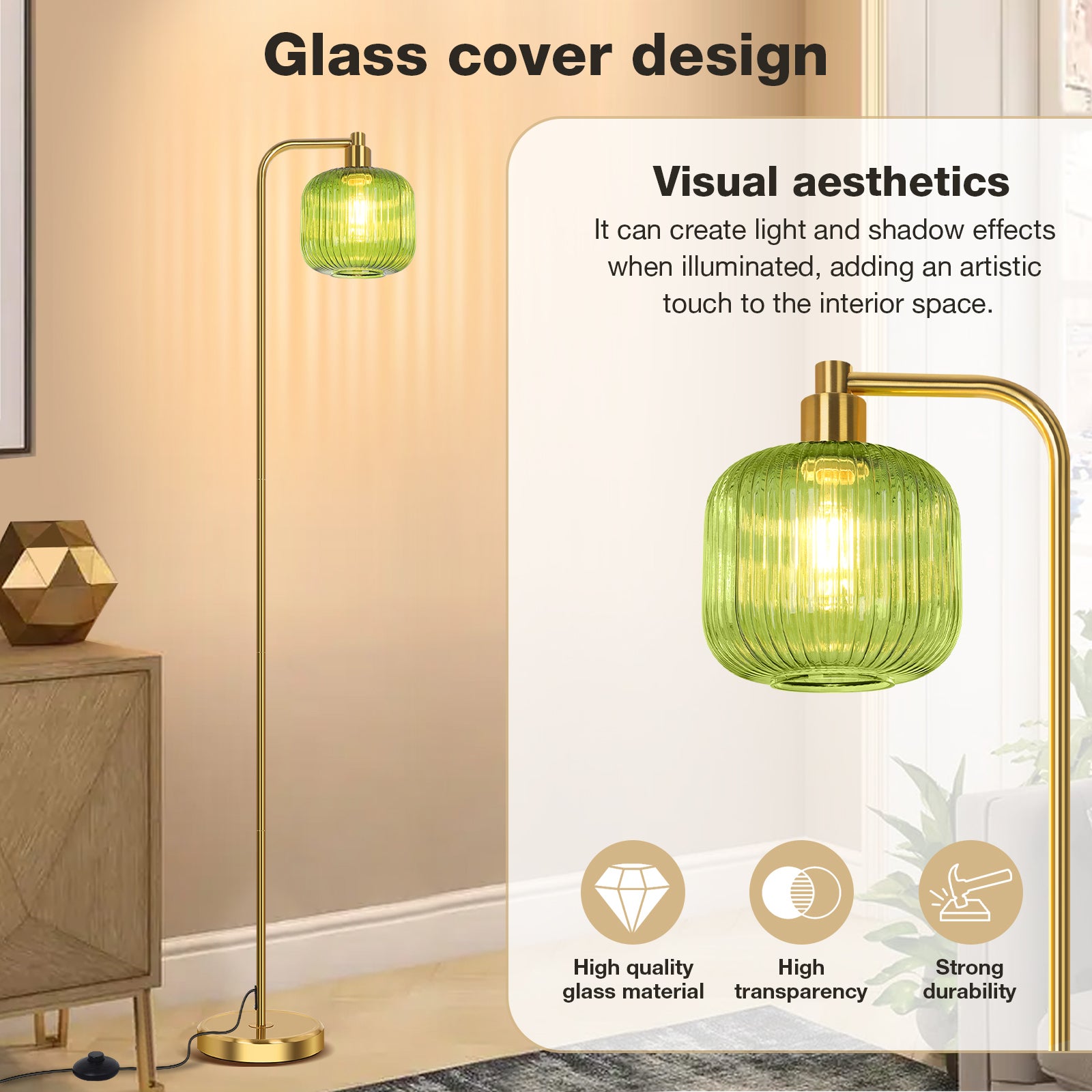 Lampadaire moderne en verre vert – abat-jour cannelé, interrupteur au pied, 170 cm, inclut ampoule LED 9W - 3