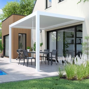 Pergola bioclimatique adossée blanche en aluminium 3x4 m Oia- Oviala