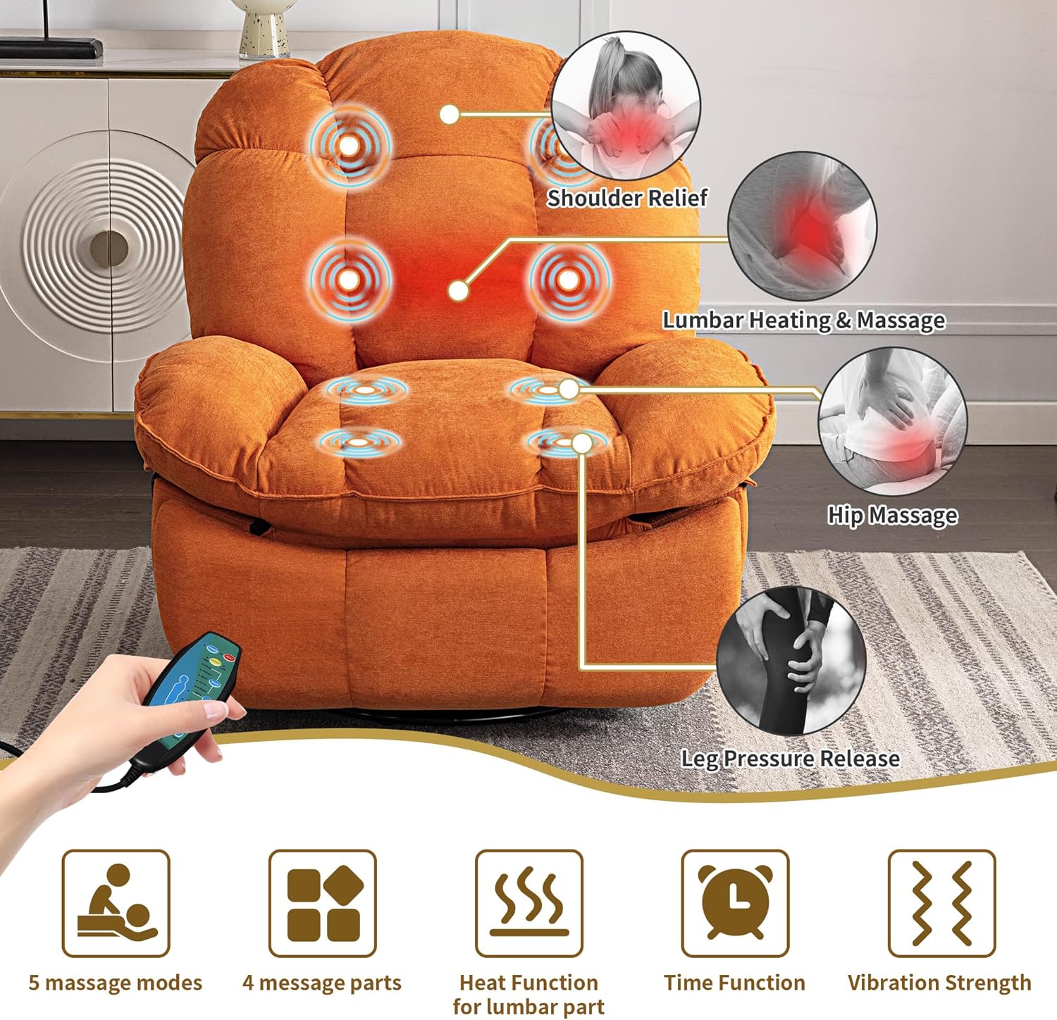 Fauteuil inclinable de Relaxation électrique, Chaise de Loisirs Fonction de Chauffage de Vibration, Connecteur Type C & USB(Orange) - 3