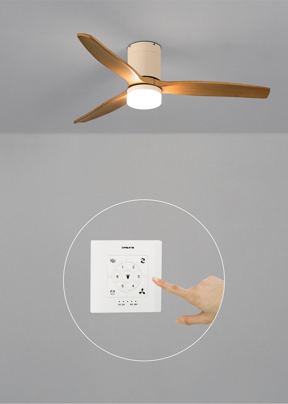 CREATE - WIND CALM M - Ventilateur de plafond silencieux 40W avec pales techniques en ABS Ø132cm avec eclaraige avec contrôleur mural - 4