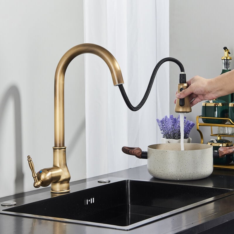 Wyciągana bateria kuchenna w stylu retro, mosiądz i zlew ze stali nierdzewnej 304, wyciągana bateria kuchenna, 3 funkcje