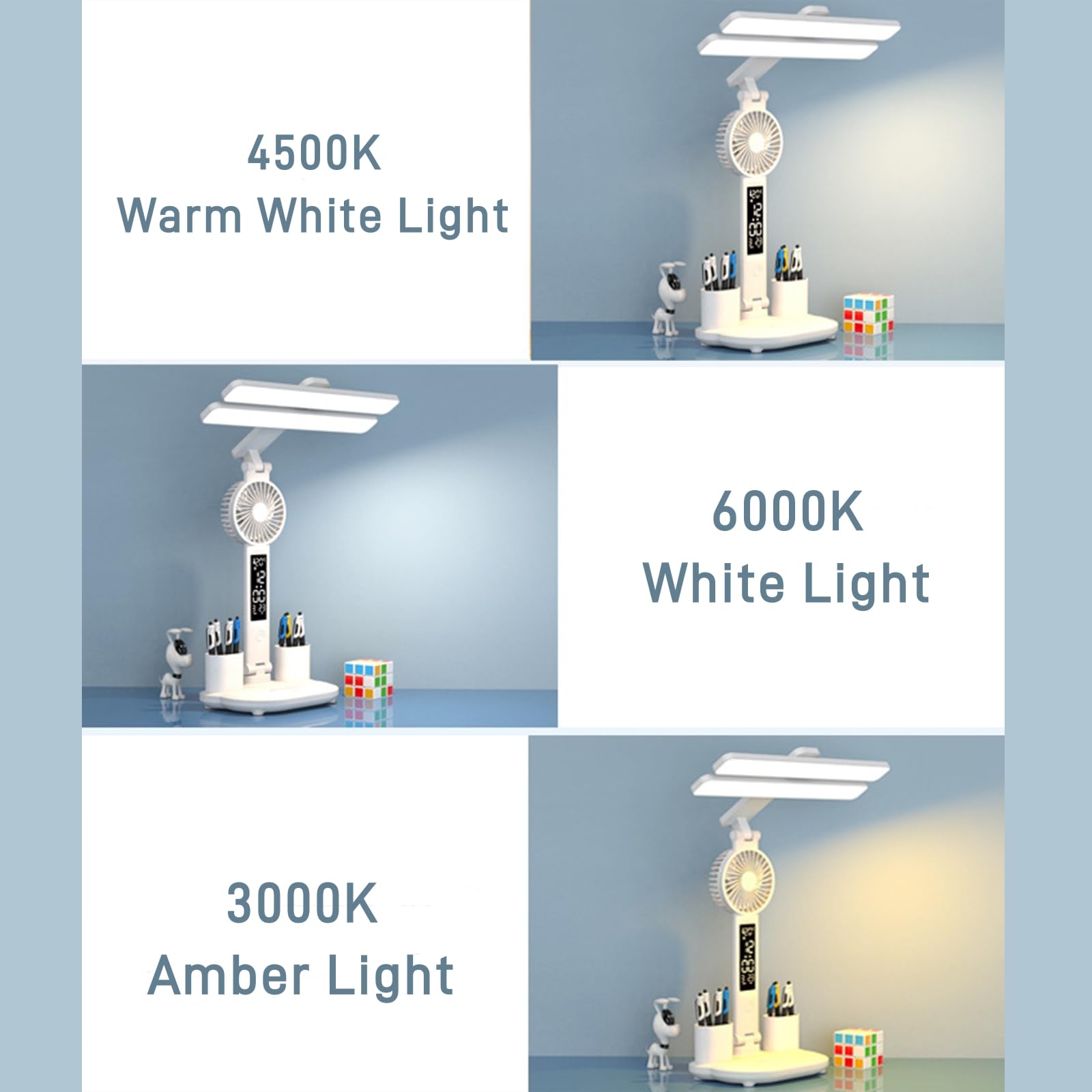 Lampe de table rechargeable pour le bureau, lampe de lecture, lampe de table LED à double lampe avec ventilateur et horloge - 4