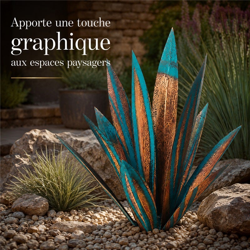 Agave décoratif en métal, sculpture de jardin rustique effet patiné bleu turquoise et cuivre, pour terrasse et extérieur, 55 x 10,5 x 10,5 cm - 3