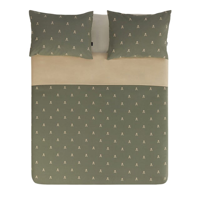 Ensemble de lit (housse de couette 250x230 cm + 2 taies d'oreiller 50x85 cm) 100% coton 144tc beige & khakhi calaveras Scalpers Home.