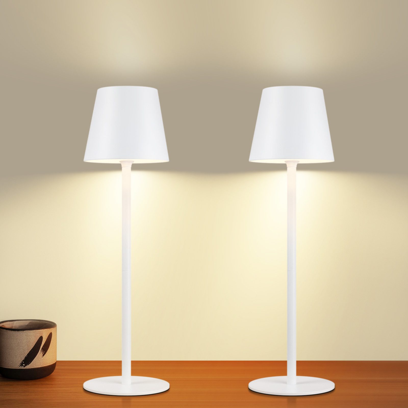 NETTLIFE Bezprzewodowa lampka nocna na baterie, zestaw 2 sztuk - LED 2600 mhA Ładowalna zewnętrzna lampa stołowa Dotykowa lampa na baterie Biała USB