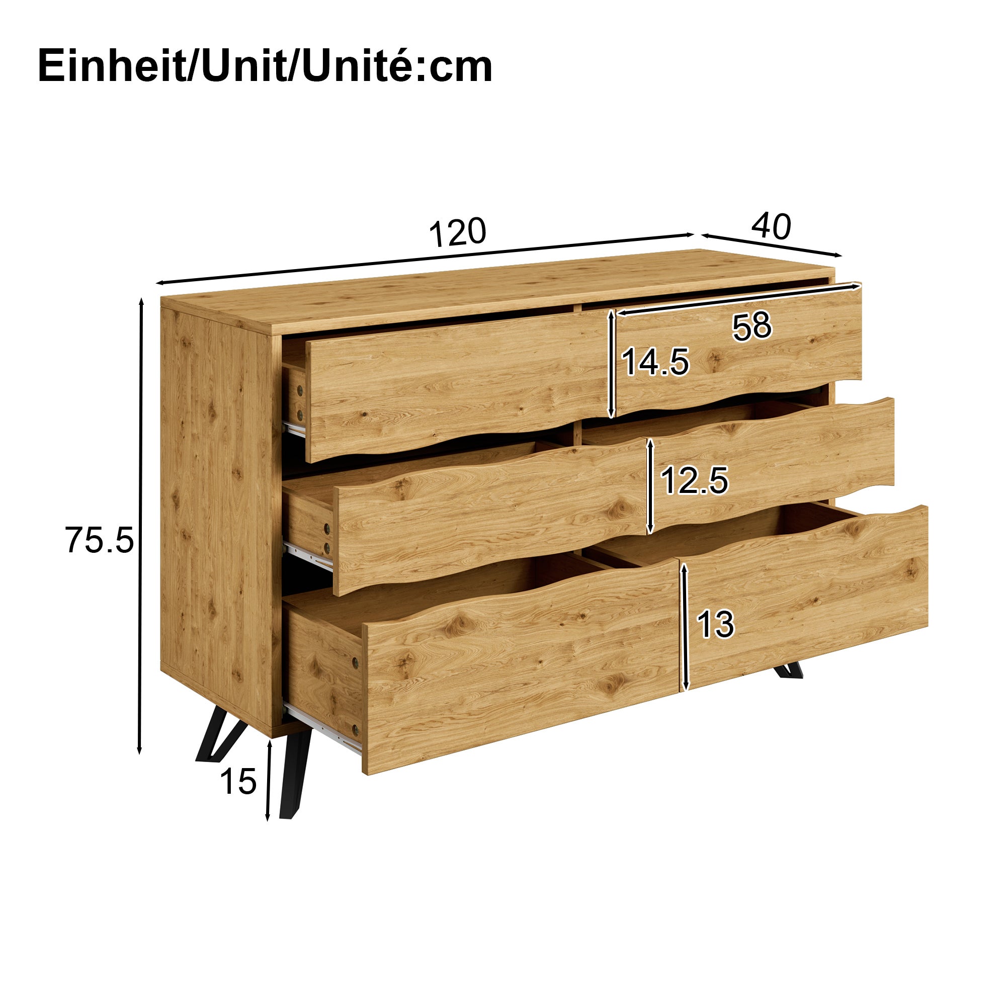 Commode 120x40x75,5 cm avec 6 tiroirs, espace de rangement, en MDF, couleur chêne - 4