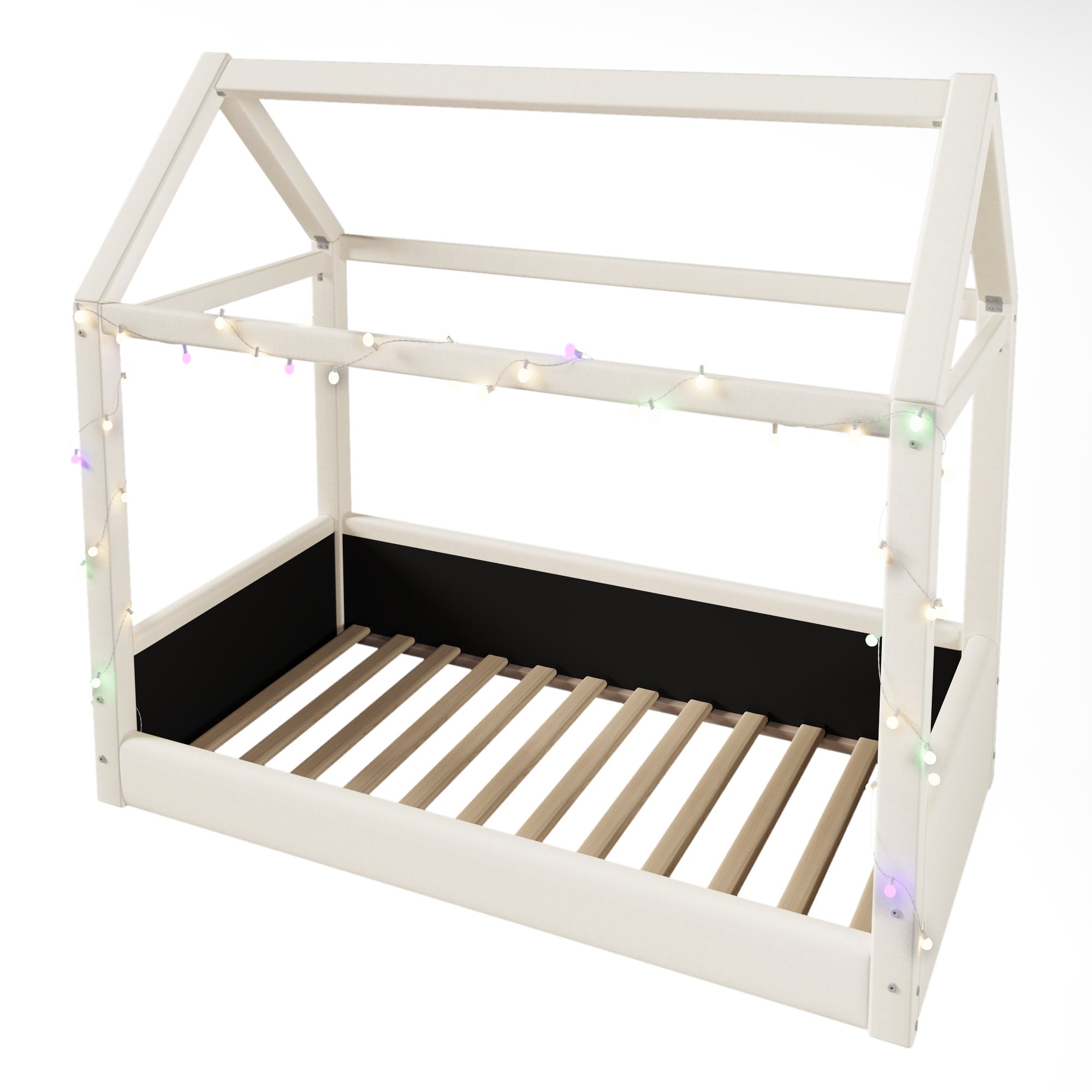 Lit cabane enfant 90x200cm,Lit au sol Montessori en bois,bandes lumineuses LED, sommier à lattes inclus,barrières de sécurité,Beige - 9