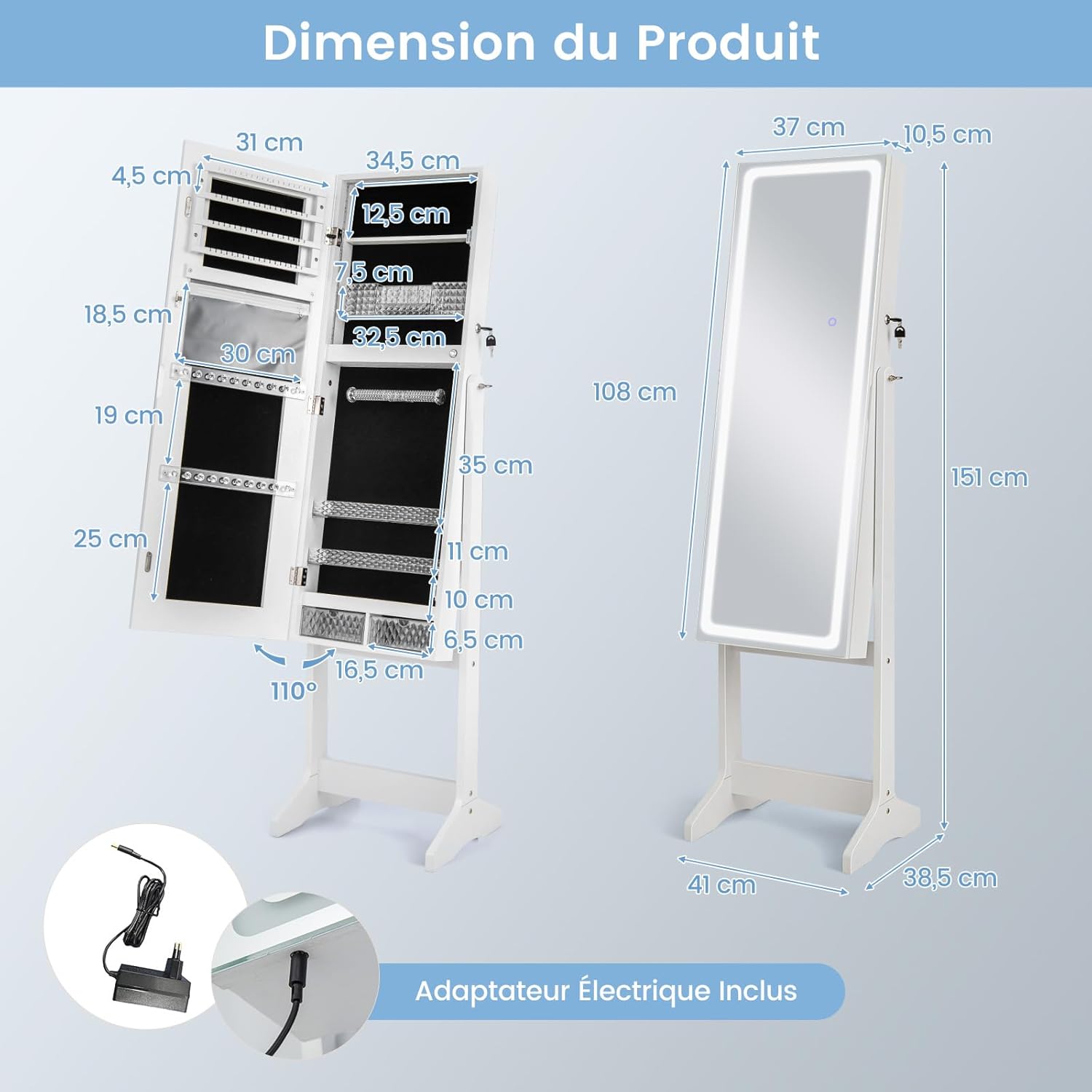 Armoire à Bijoux avec Miroir, Armoire de Rangement sur Pied pour Boucles d'Oreilles, Organisateur de Bijoux Verrouillable avec Lumières(Blanc) - 9