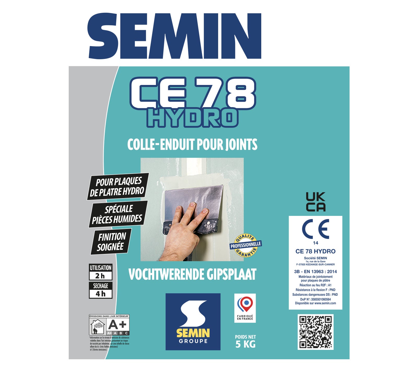 SEMIN Pack Hydro plaques de plâtre - Enduit CE 78 Hydro Sac de 5kg + Bande à Joint Hydro 30 m - Spécial pièces Humides - 10 m² - 6