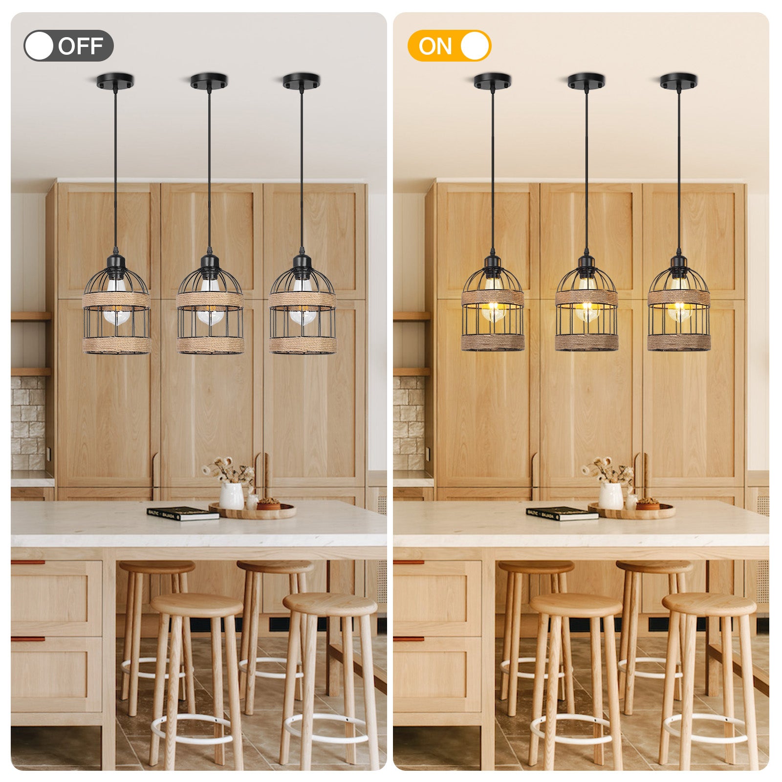 Lampa wisząca z rattanu, żyrandol z ręcznie wykonaną klatką mała lampa wisząca w stylu rustykalnym do kuchni z wyspą Jadalnia(Żarówka E27 w zestawie) - 8