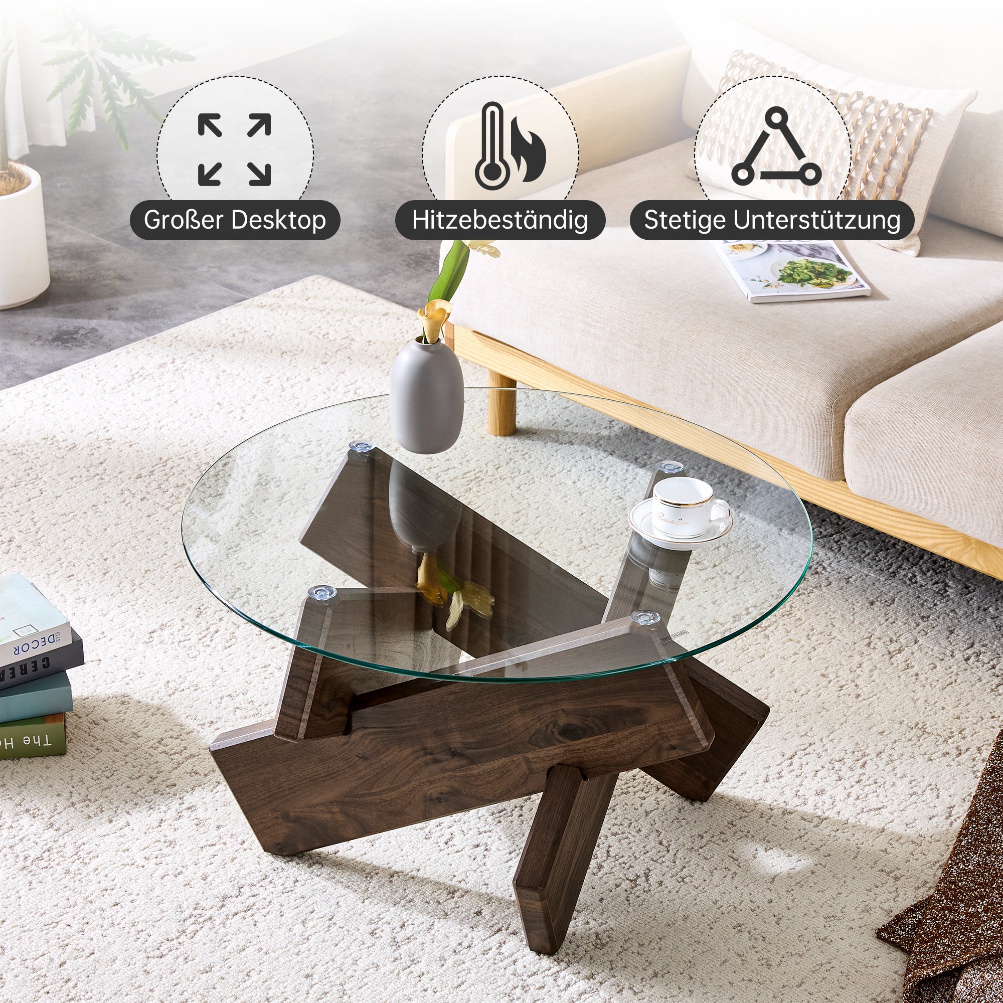 Table basse ronde multifonction en verre trempé et bois, plateau épais 0,8cm et pieds effet noyer foncé, design moderne et chic, 79x79x45cm, Marron - 4