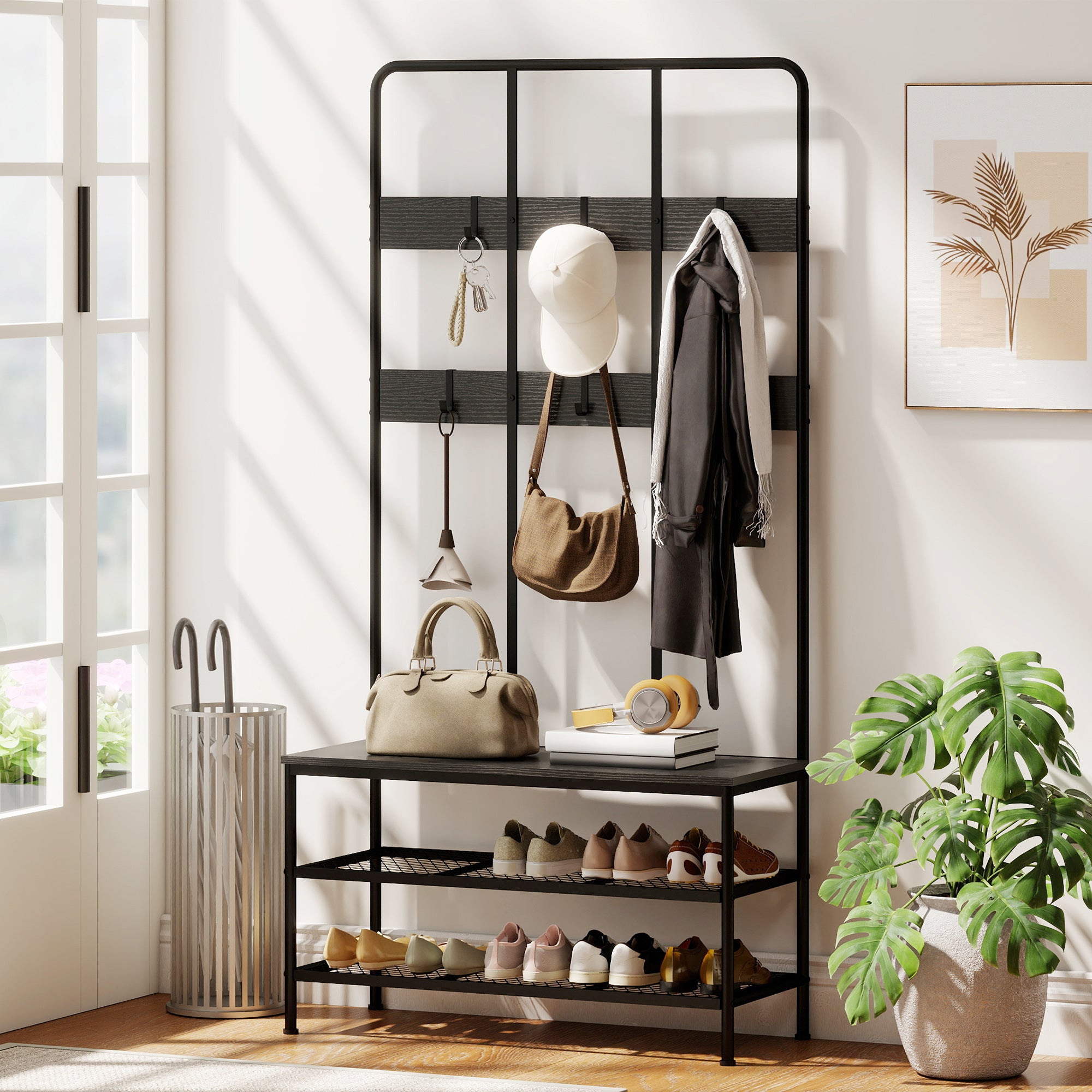 Commode 3 en 1 : porte-manteau, patère, banc, étagère à chaussures, métal, panneau de fibres, noir - 4