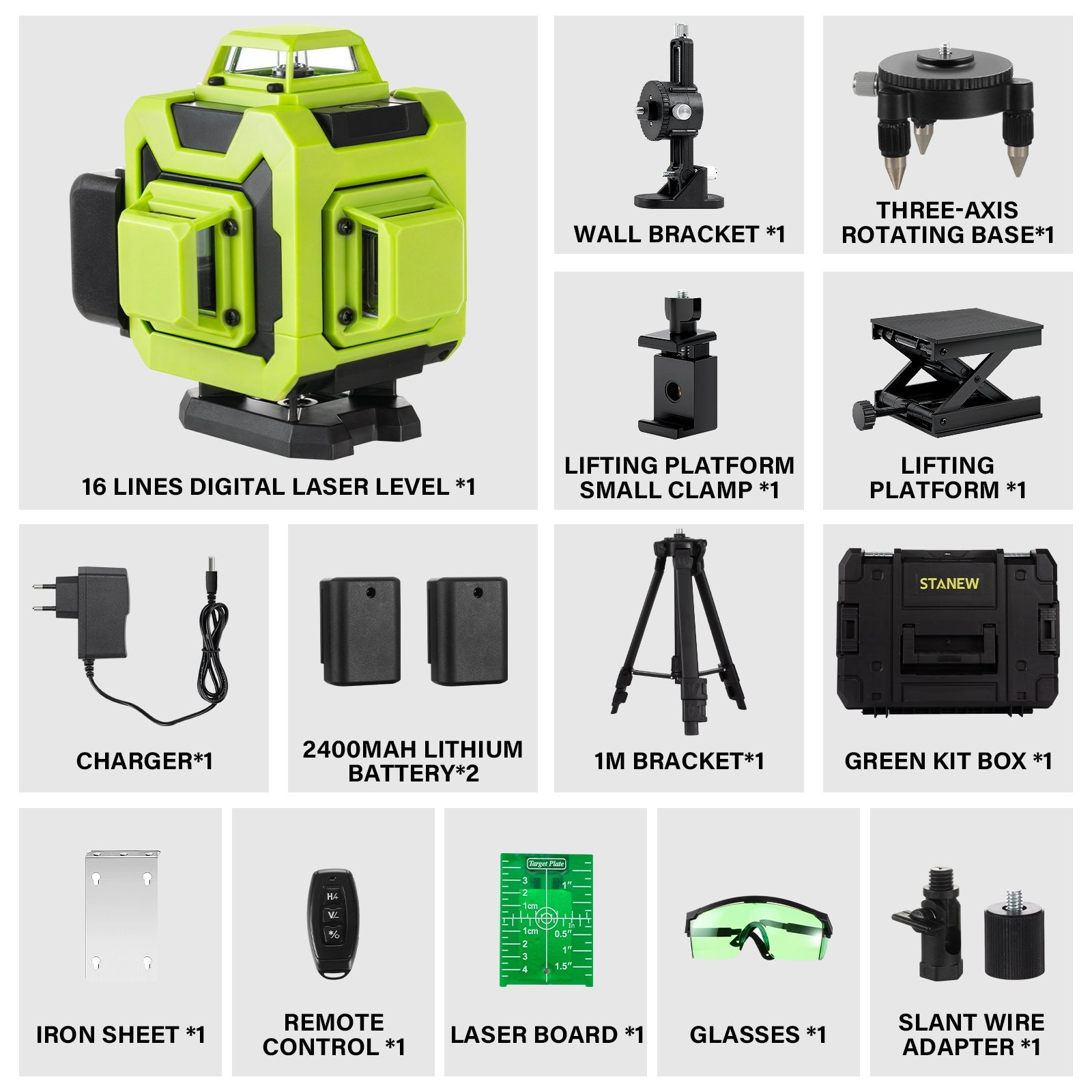 STANEW Niveau laser 4 x 360°, vert Lignes laser vertes horizontales et verticales 4D à 16 lignes, télécommande intégrée, 2 piles 2400 mAh - 2