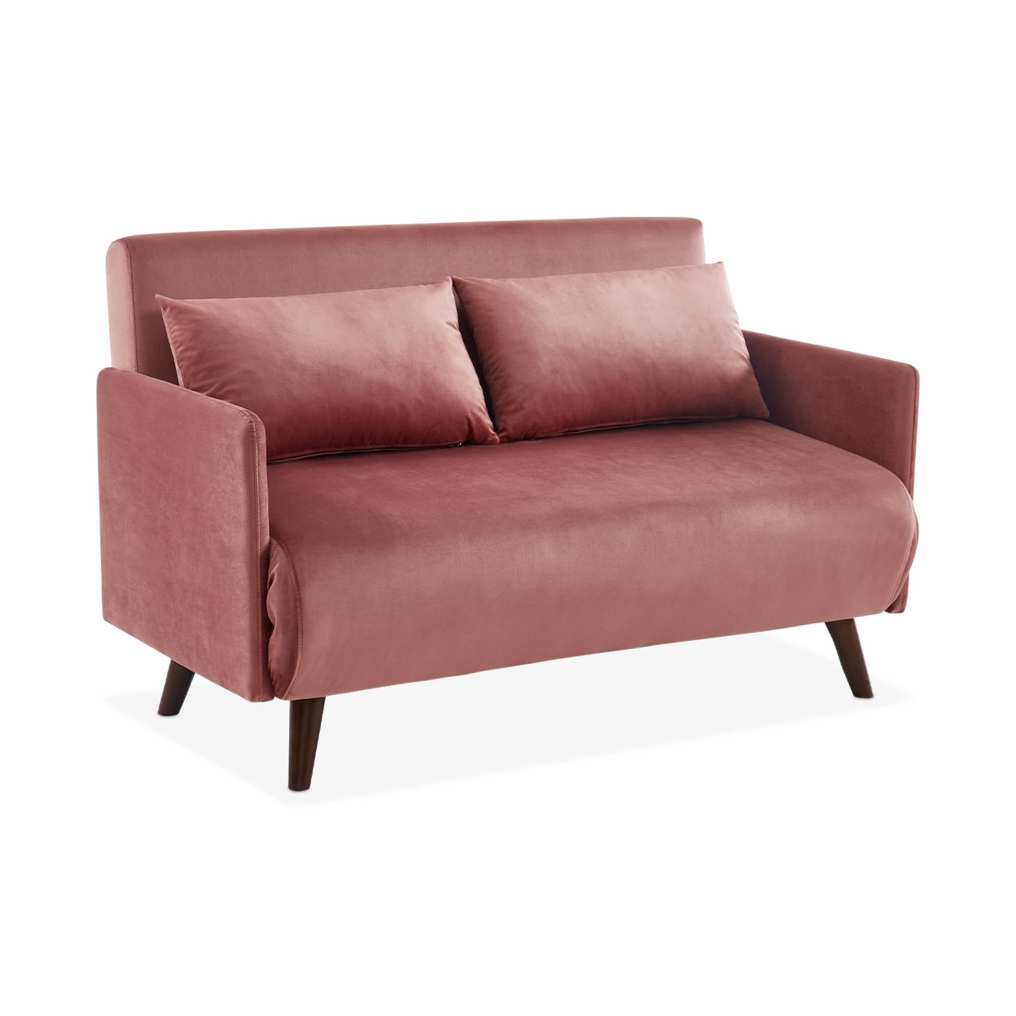 Divano letto a posti in velluto con gambe in legno, Rosa antico