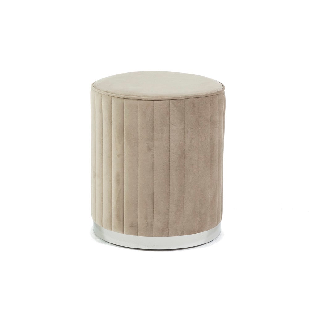 Pouf in velluto trapuntato Beige e base cromata Argento, ⌀36 cm