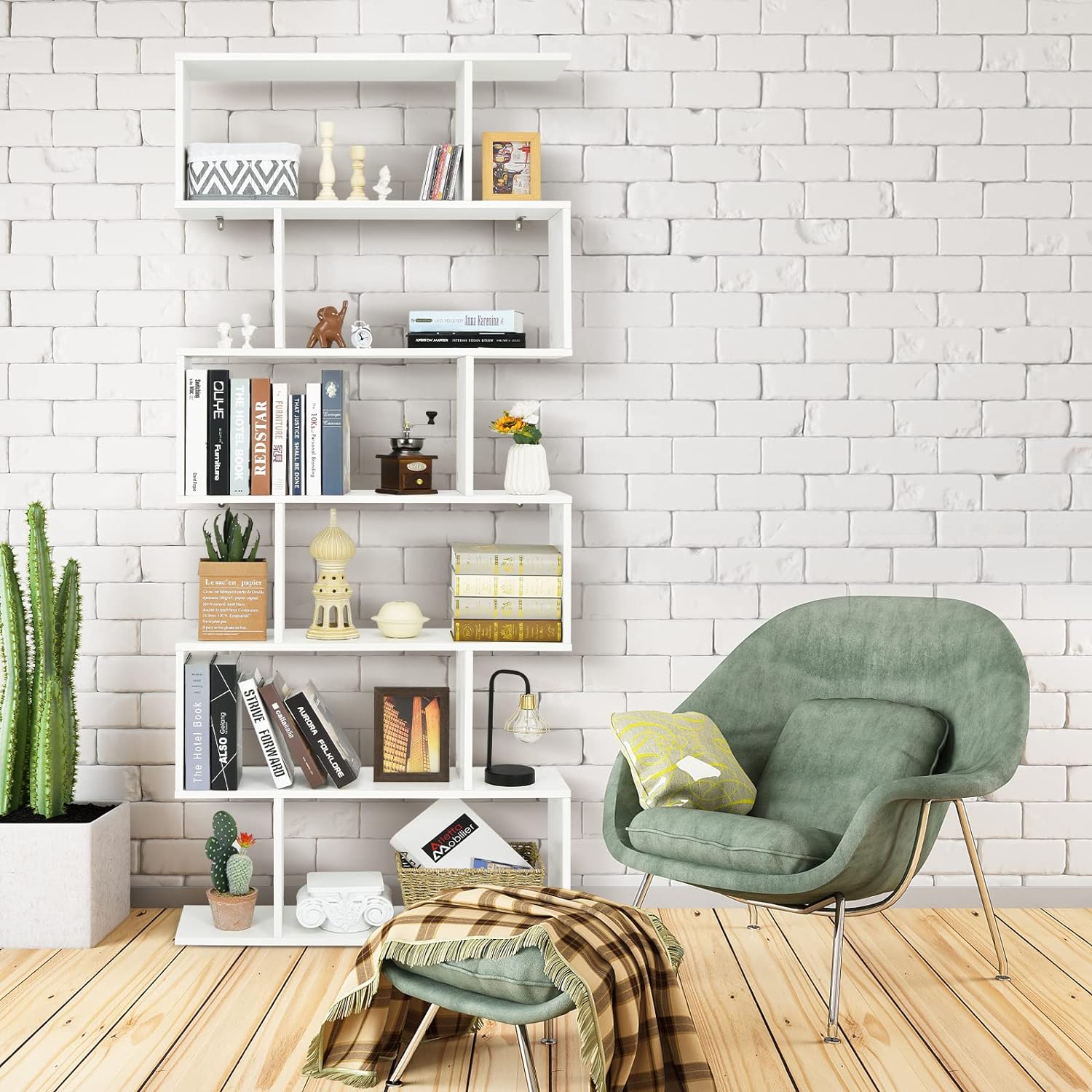 Bibliothèque en Forme S, 80 x 23 x 191 cm Étagère de Rangement à 6 Niveaux, Style Moderne Industriel avec Dispositif Anti-Basculemen, Blanc - 7