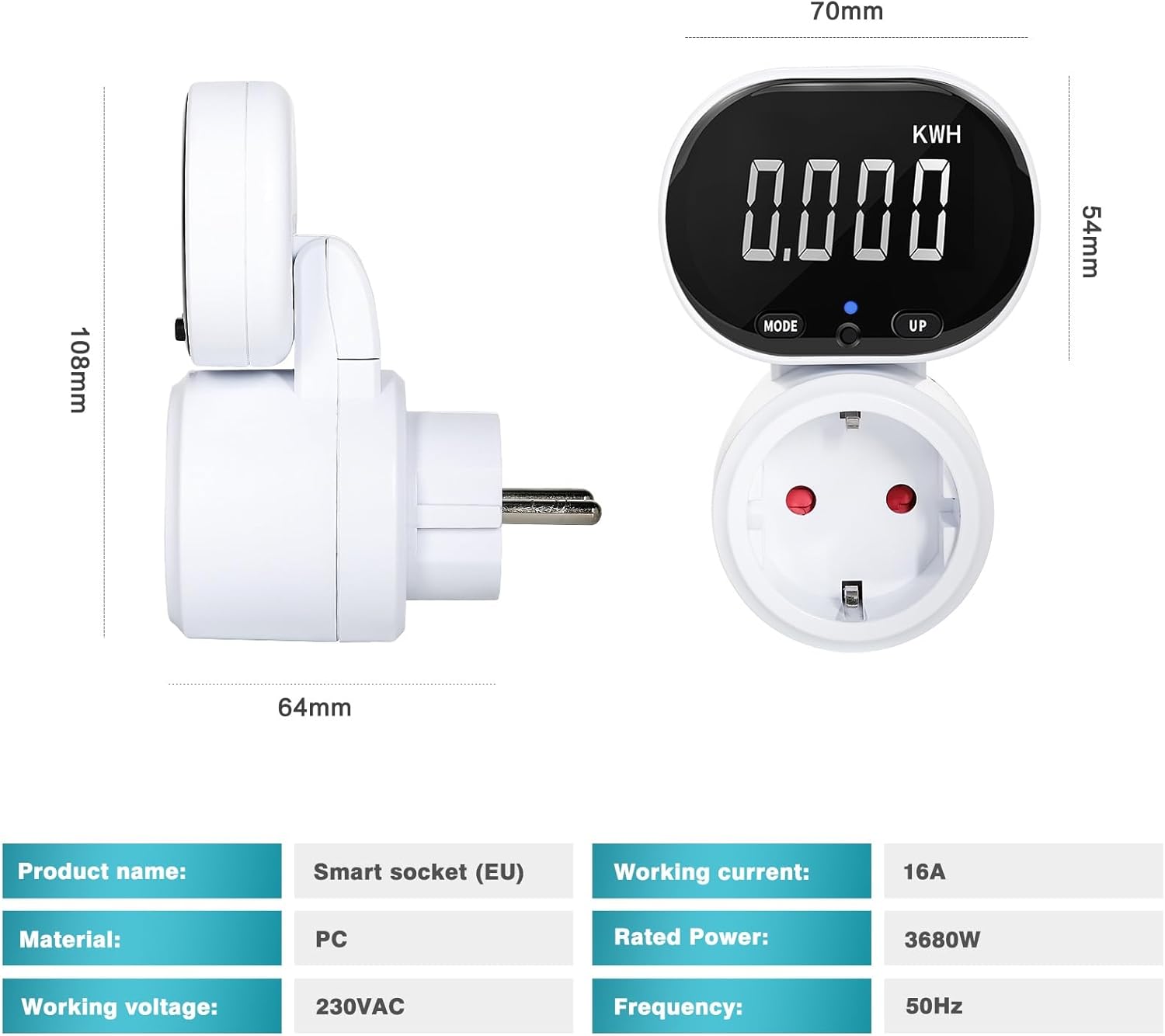 Monitor de Consumo de Energia AC230V 16A - Medidor de Energia LCD, Wattímetro com Ficha UE, Monitorização de Energia Residencial - 5
