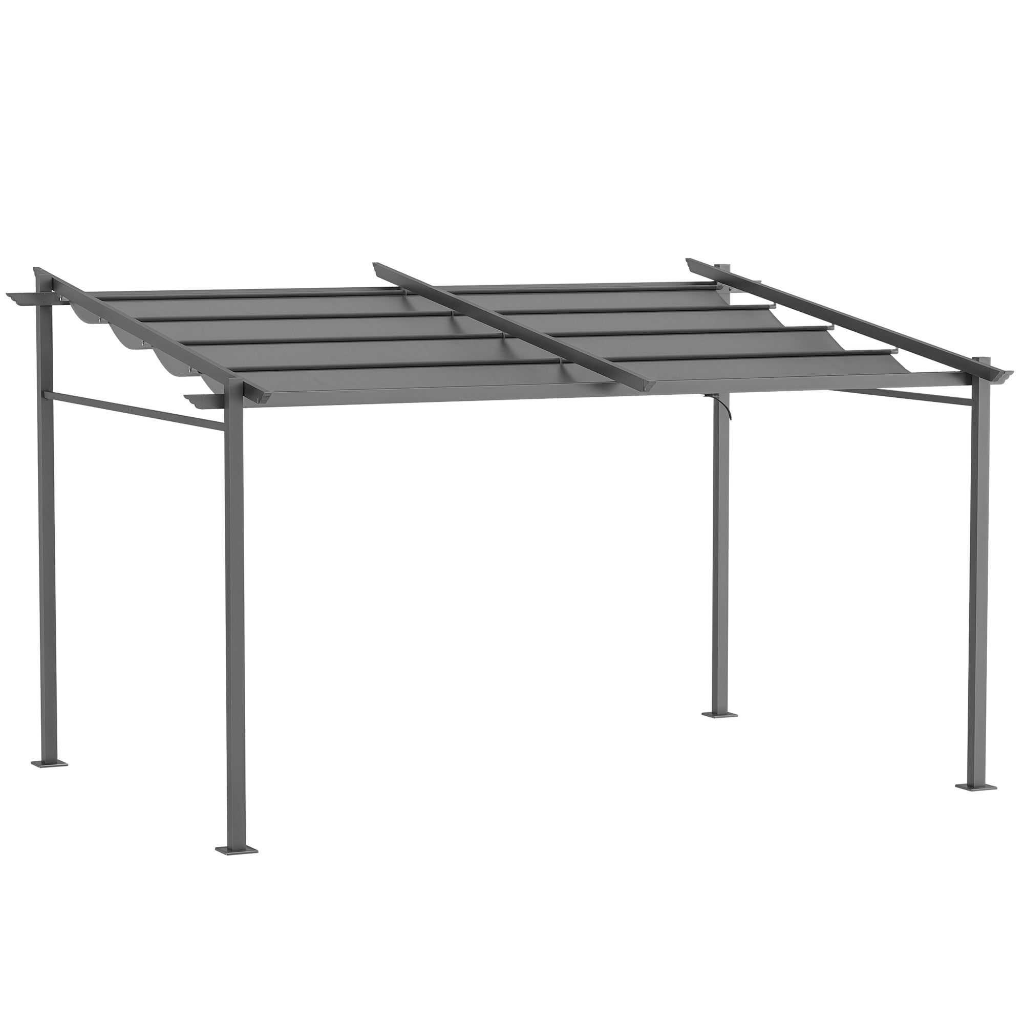 Rozsuwana pergola 4 x 3 m, konstrukcja metalowa z powłoką antykorozyjną epoksydową, w komplecie tkanina poliestrowa 180 g/m². Kolor: szary.