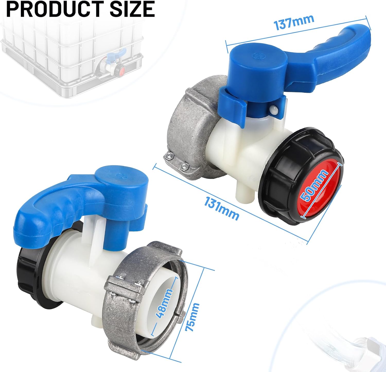 Robinet de réservoir IBC 1000 L - Adaptateur de réservoir 1000 L DN50 (75 mm) - Raccord de réservoir IBC - Robinet de vidange Connecteur -Papillon IBC - 2