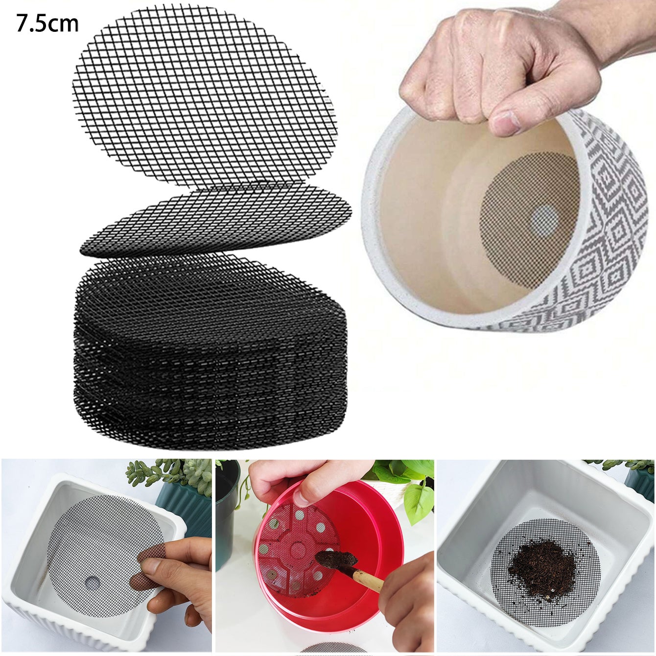 30-częściowy ekran z siatki z otworami na doniczki, 75 mm ekrany z otworami drenażowymi do doniczek, zapobieganie utracie gleby, siatka dywanowa