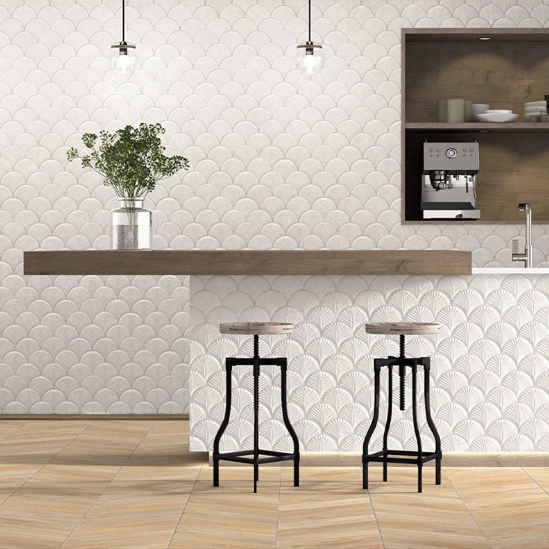 Azulejo porcelánico escama de pez Scale Shell Blanco Satinado