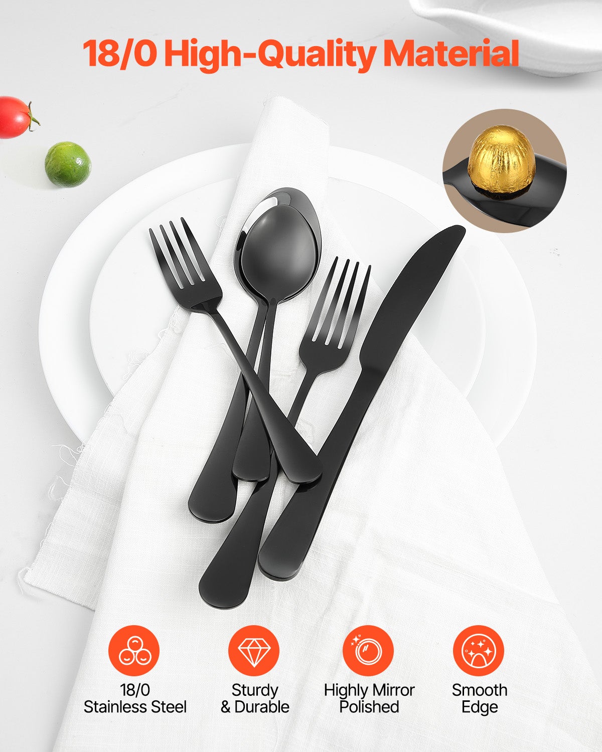 Set Posate 30 Pezzi,VEVOR Posate Acciaio Inox Alimentare,Finitura Lucida,Lavabile in Lavastoviglie,Coltello,Forchetta,per Cucina e Casa,Nero - 3