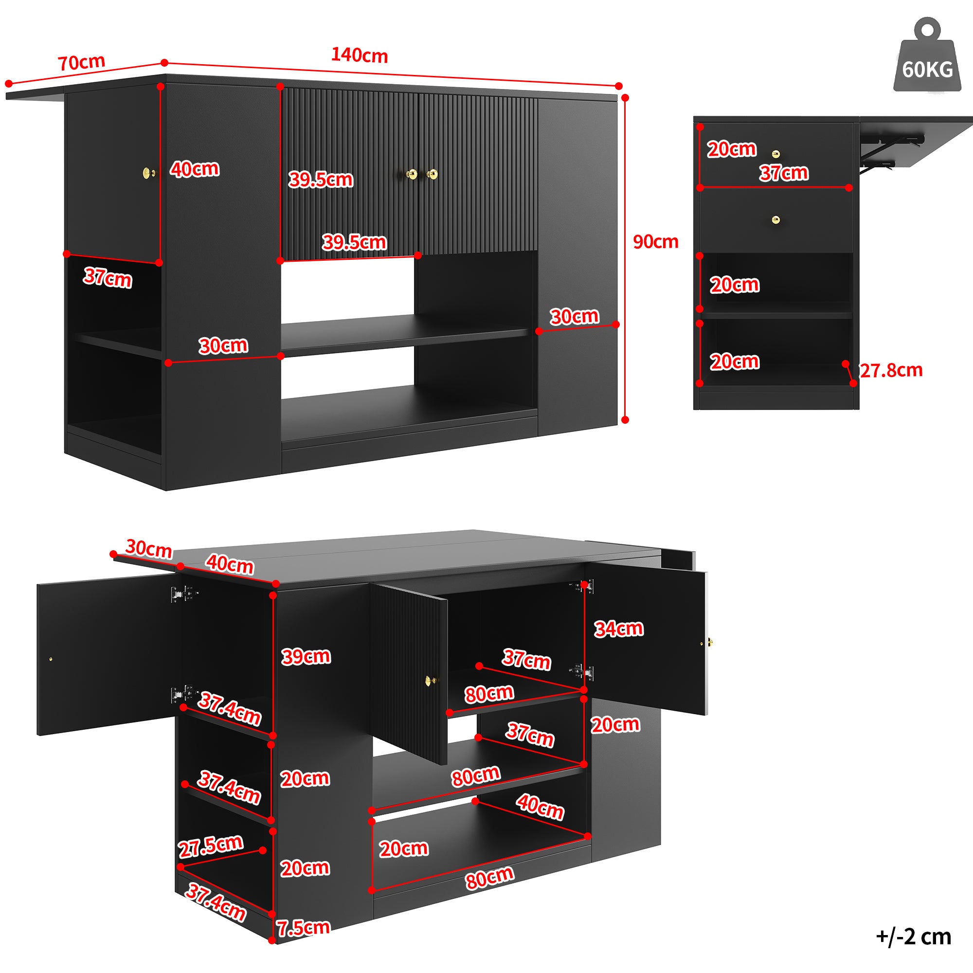 Ilot central de cuisine avec 3 portes, 2 tiroirs et compartiments ouverts - Plateau extensible - 140x40/70x90 cm - MDF - Noir - 5
