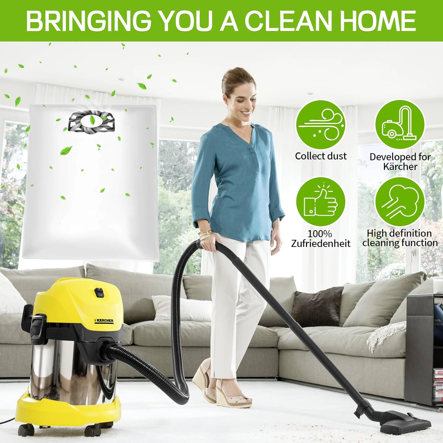 10 sacs à poussière + 2 filtres plats plissés pour Kärcher WD4, WD5, WD6, MV4, MV5, MV6, alternative au KFI 487+ KFI 4410, 2.863-006.0 + 2.863-005.0 - 7