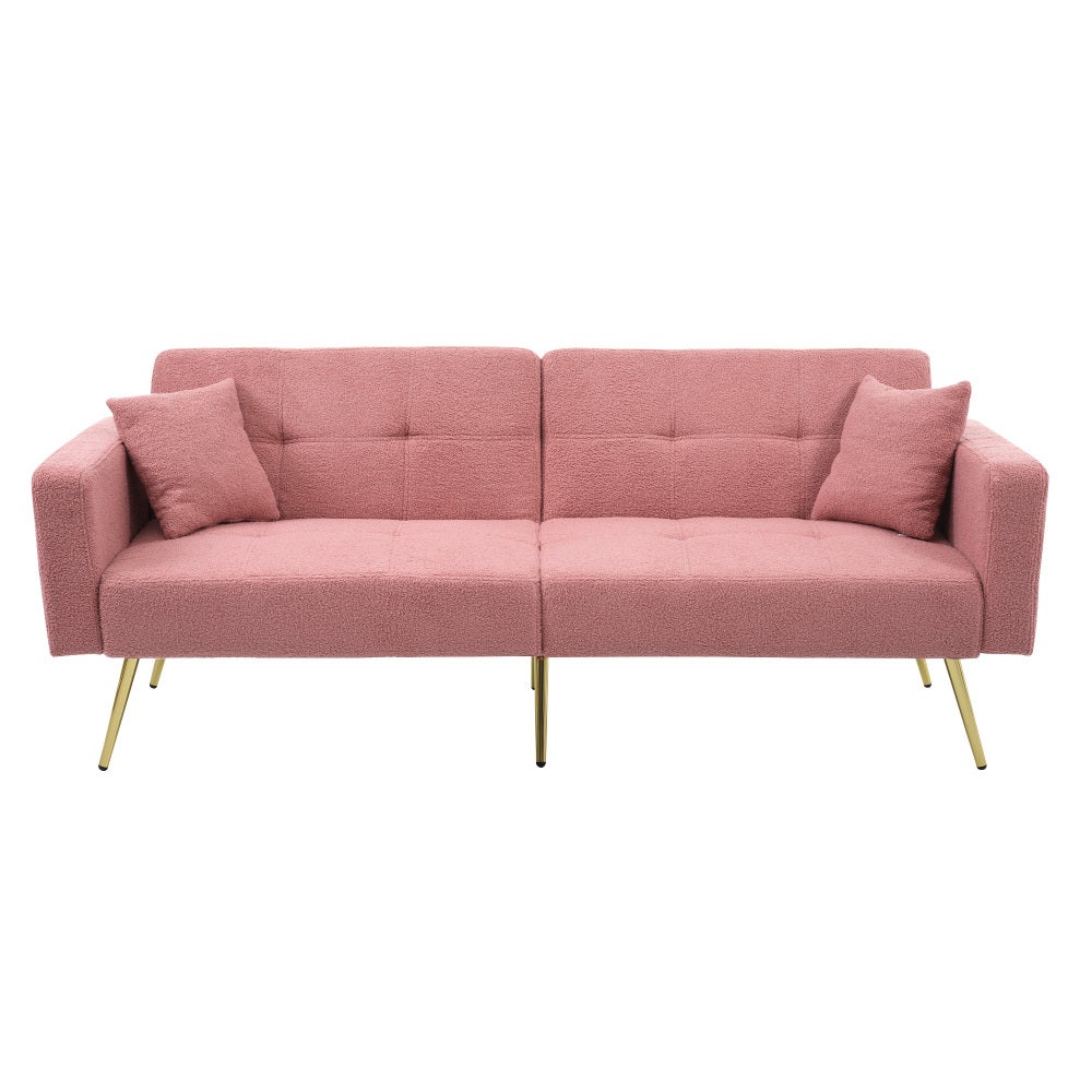 Sofa rozkładana, regulowany kąt, złote nogi, z poduszkami i kieszeniami bocznymi