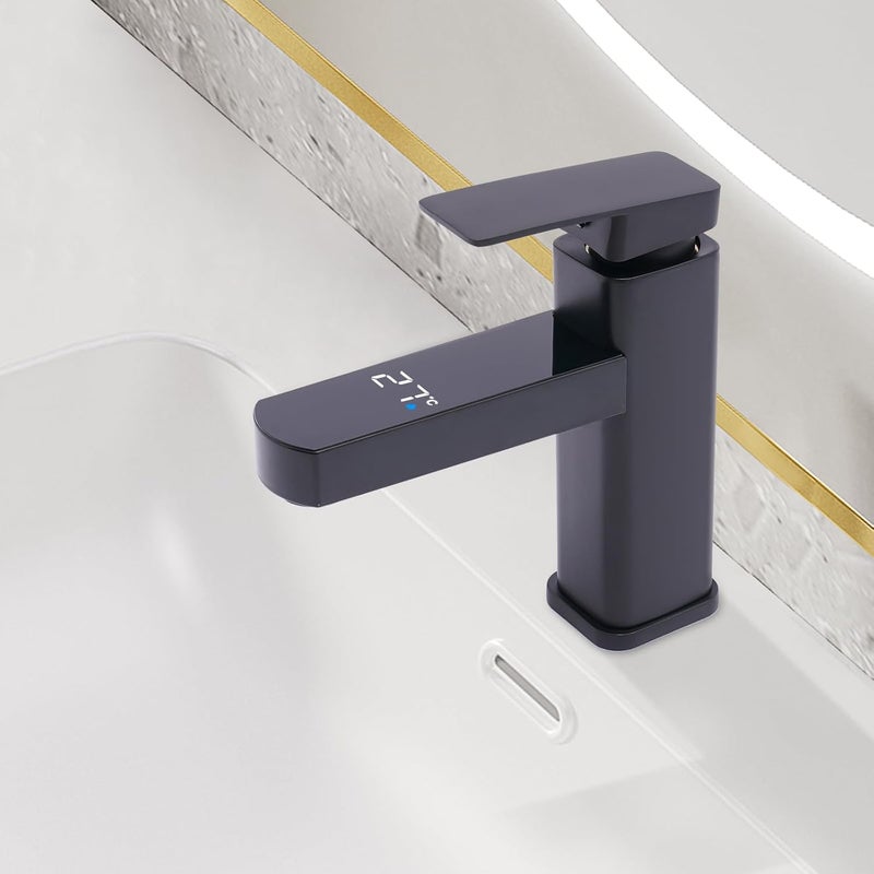 Bateria umywalkowa z cyfrowym wyświetlaczem temperatury LED, czarna bateria do łazienki
