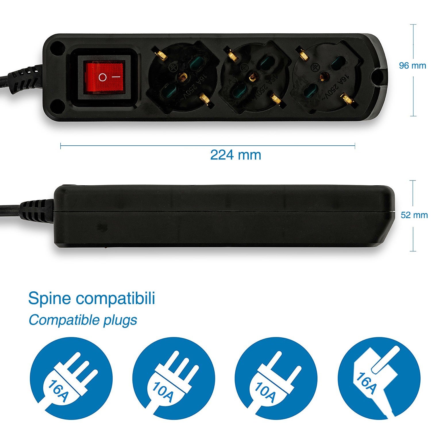Multiprise italienne 3 schuko + 10/16A. Avec interrupteur, câble 1m et fiche 16A - 7
