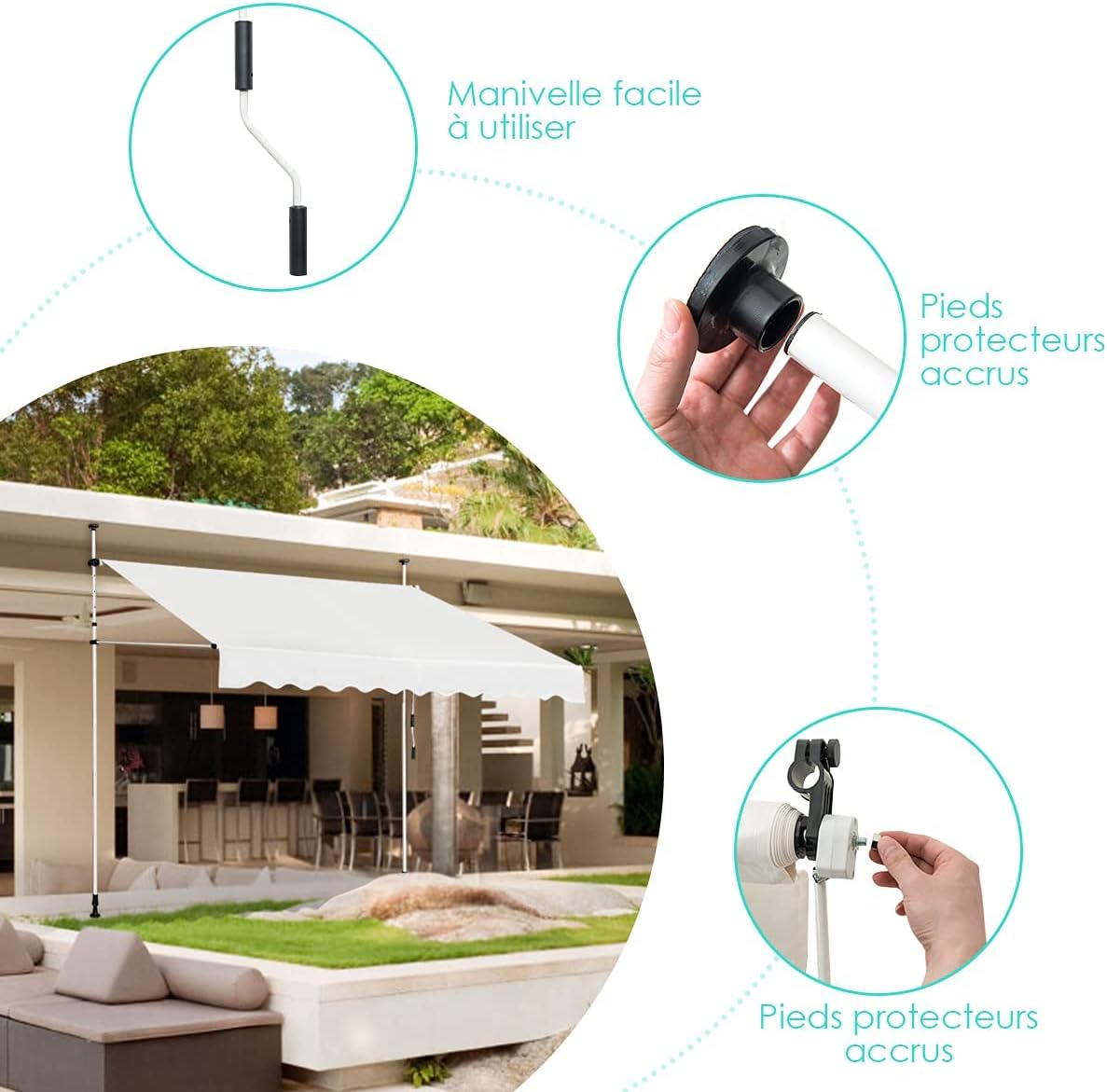 Store Banne Manuel Rétractable 1,5X1,75M en Aluminium,Auvent Banne de Balcon Rétractable,Hauteur Réglable,Beige - 7