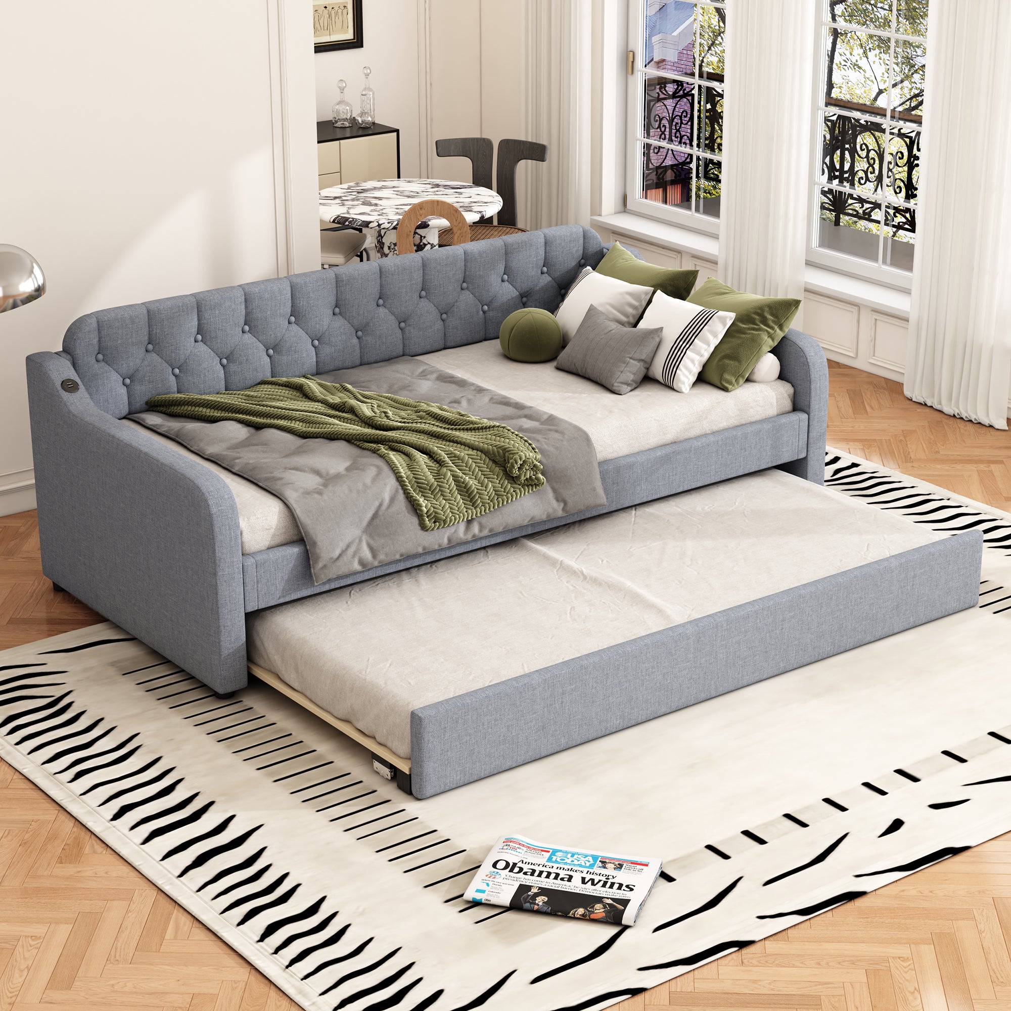 Méridienne 90x200cm avec lit gigogne, canapé-lit avec deux tiroirs, lit simple (sans matelas), linge de maison, style minimaliste, gris | Leroy Merlin
