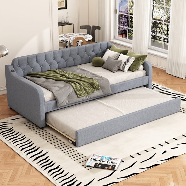 Méridienne 90x200cm avec lit gigogne, canapé-lit avec deux tiroirs, lit simple (sans matelas), linge de maison, style minimaliste, gris | Leroy Merlin Méridienne 90x200cm avec lit gigogne, canapé-lit avec deux tiroirs, lit simple (sans matelas), linge de maison, style minimaliste, gris | Leroy Merlin