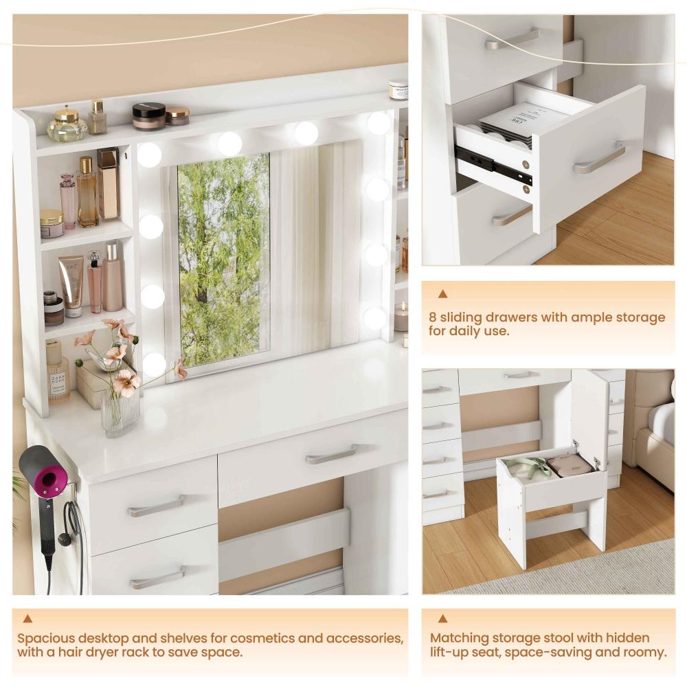 Coiffeuse Blanche 110×40×145 cm avec Miroir LED 10 Lumières, USB, Sgabello et Support Sèche-Cheveux - 4