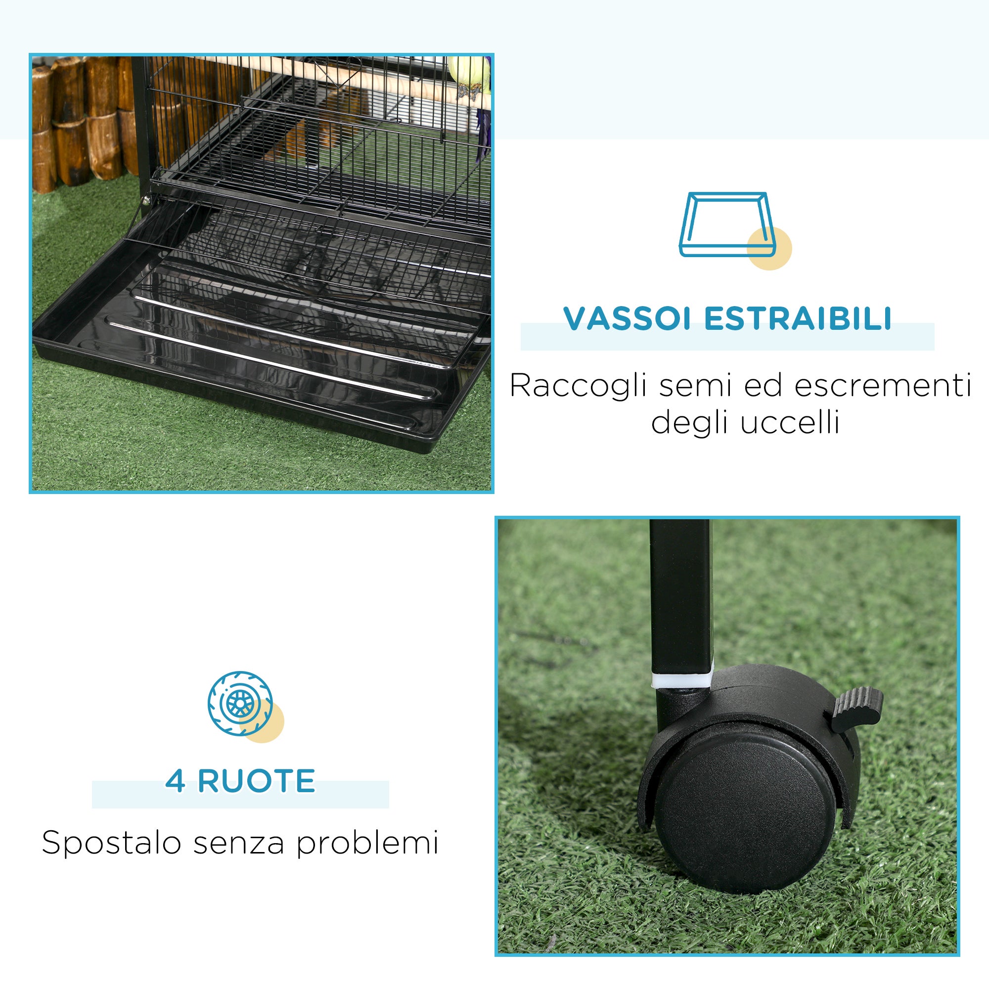 PawHut Gabbia Voliera per Uccelli per Interni con Ruote e Vassoi Estraibili, 51.5x50x140 cm, Nero - 6
