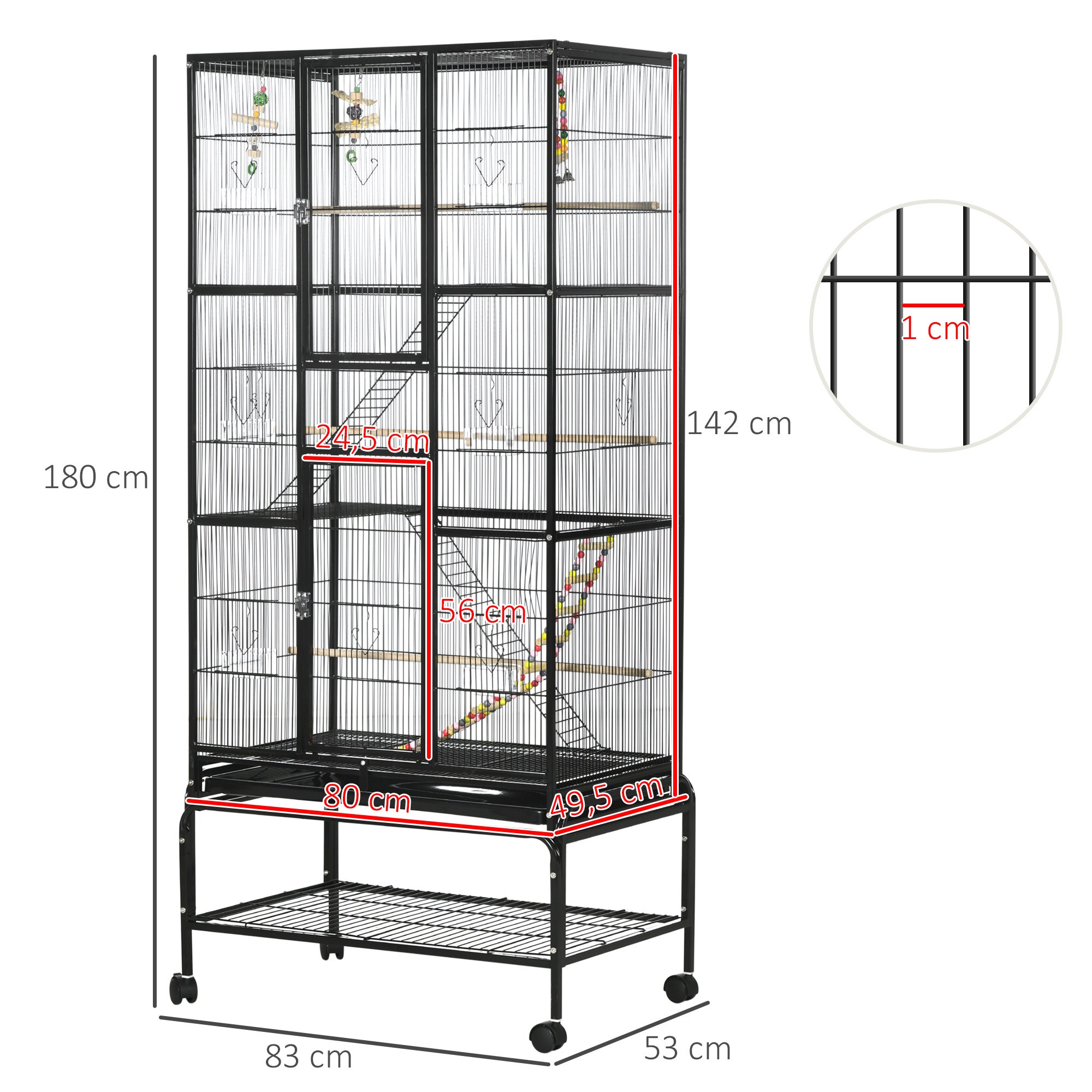 Gaiola para Pássaros 3 Níveis com Rodas 83x53x180cm Canários Periquitos Preto - 2