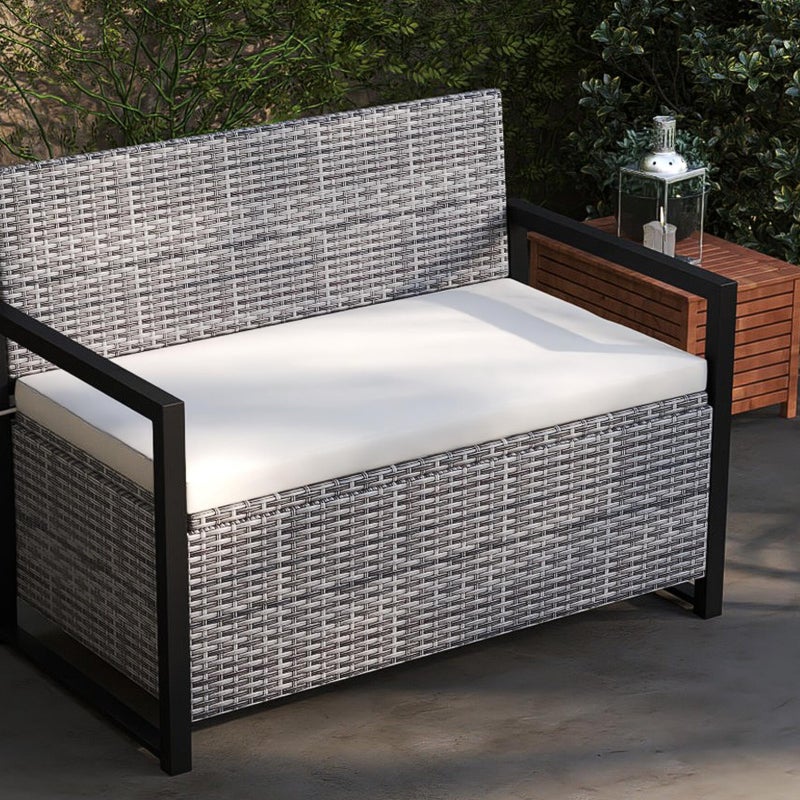 Ławka ogrodowa z miejscem do przechowywania, odporna na warunki atmosferyczne, zbiornik balkonowy z poduszką do siedzenia, 2-osobowa ławka rattanowa