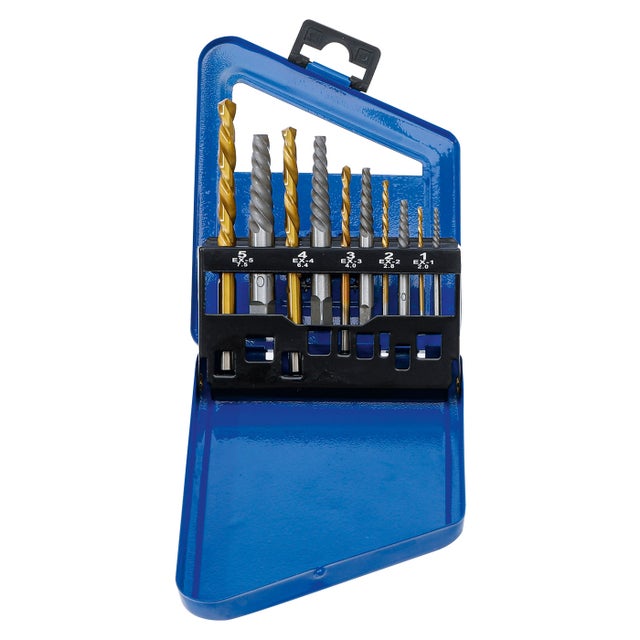 COFFRET DE 5 EXTRACTEURS DE VIS OU GOUJONS + 5 FORETS COUPE A GAUCHE