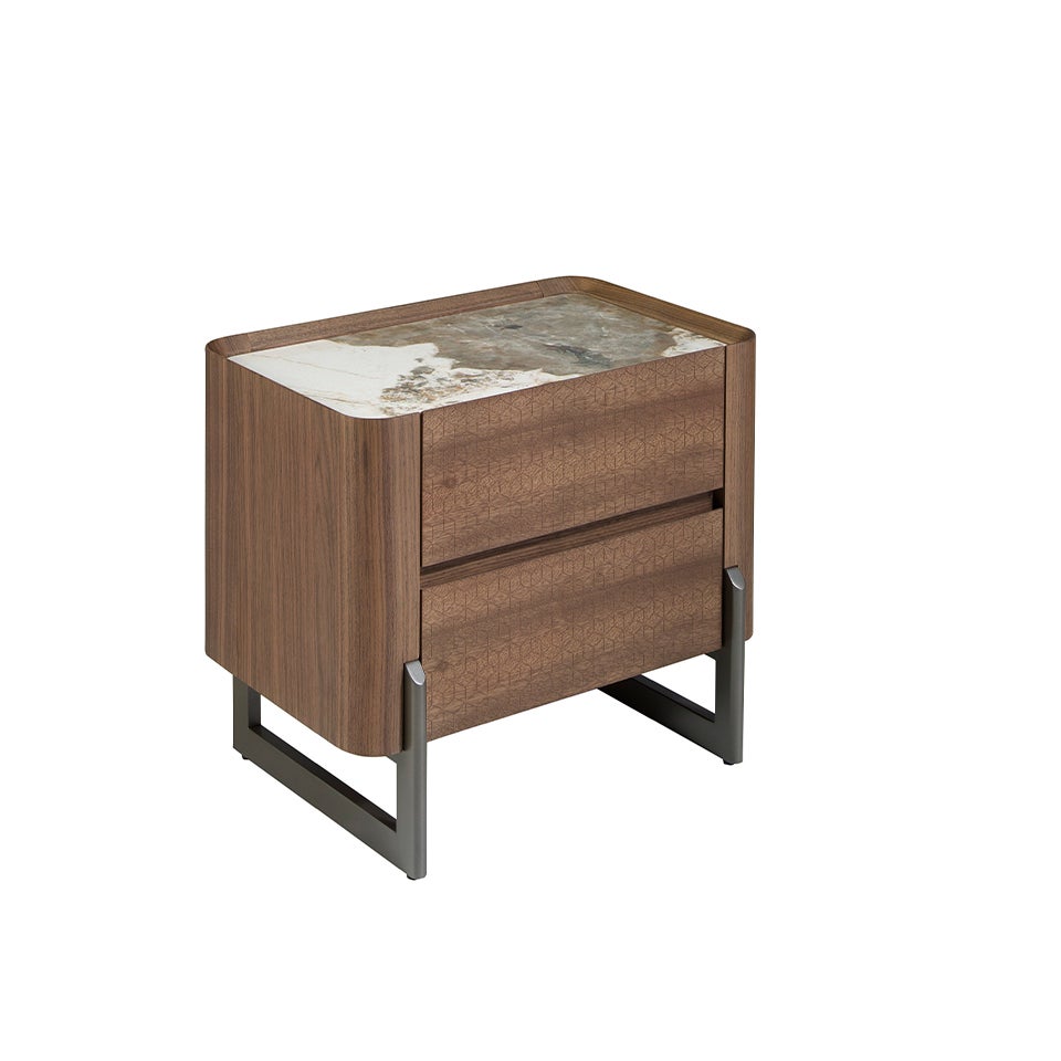 ANGEL CERDA Stolik nocny z ciemnej stali orzechowej i metalicznej z blatem z marmuru porcelanowego