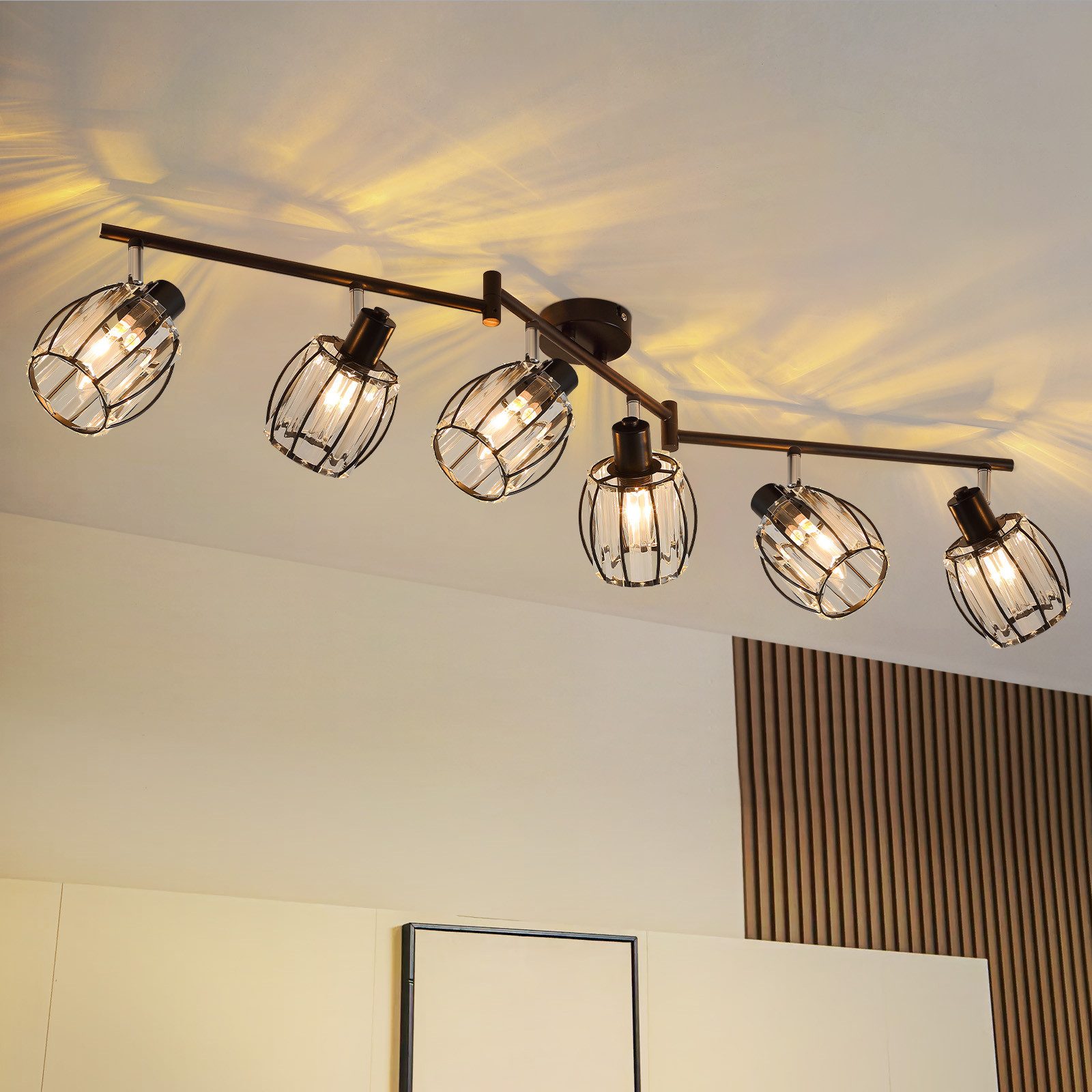Nettlife Reflektorowa sufitowy 6-punktowy E14, kryształowy, czarny, obrotowy 350°, Lampa vintage do korytarza